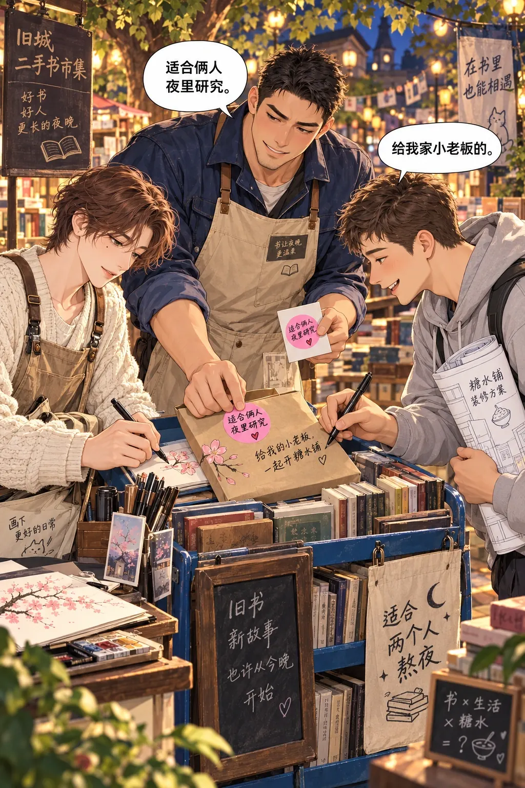 适合两个人熬夜漫画画面：成年男顾客苏晓把装修草图卷在左臂，正在牛皮纸盲包封套上亲笔写“给我的小老板，一起开糖水铺”；陈阿满把粉红标签“适合俩人夜里研究”贴在封套正面角落，林野在左侧桌子画半朵樱花。