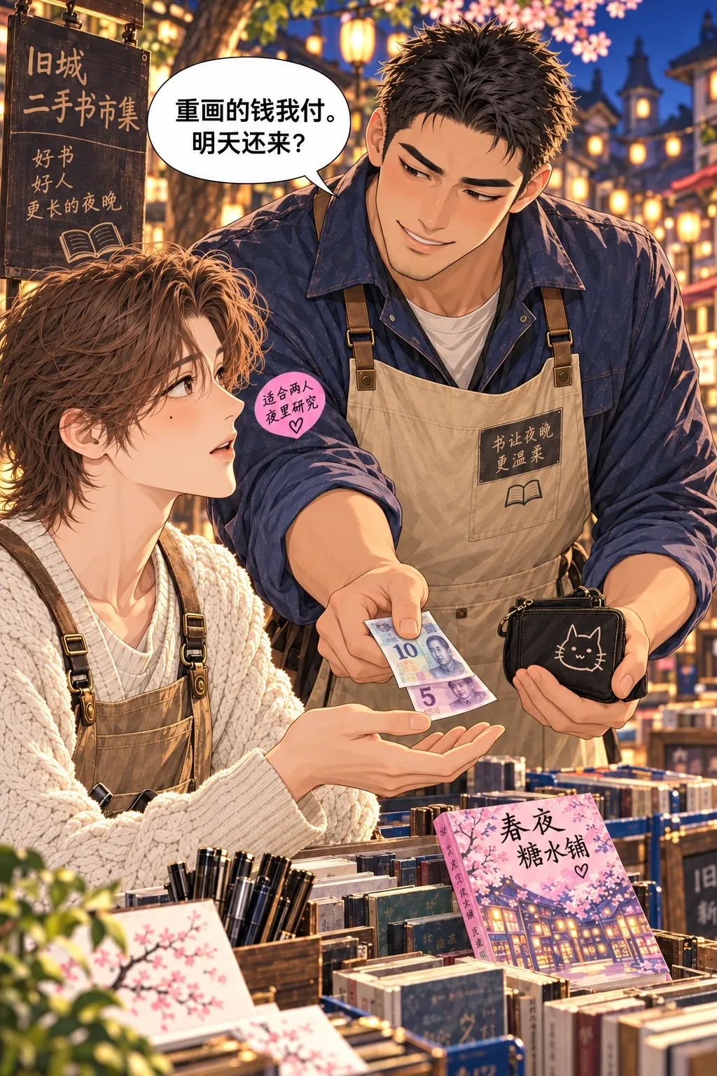 适合两个人熬夜漫画画面：苏晓已离开。陈阿满从自己帆布零钱袋里另数15元额外画工费交到林野手中。他看着林野问明天是否继续。