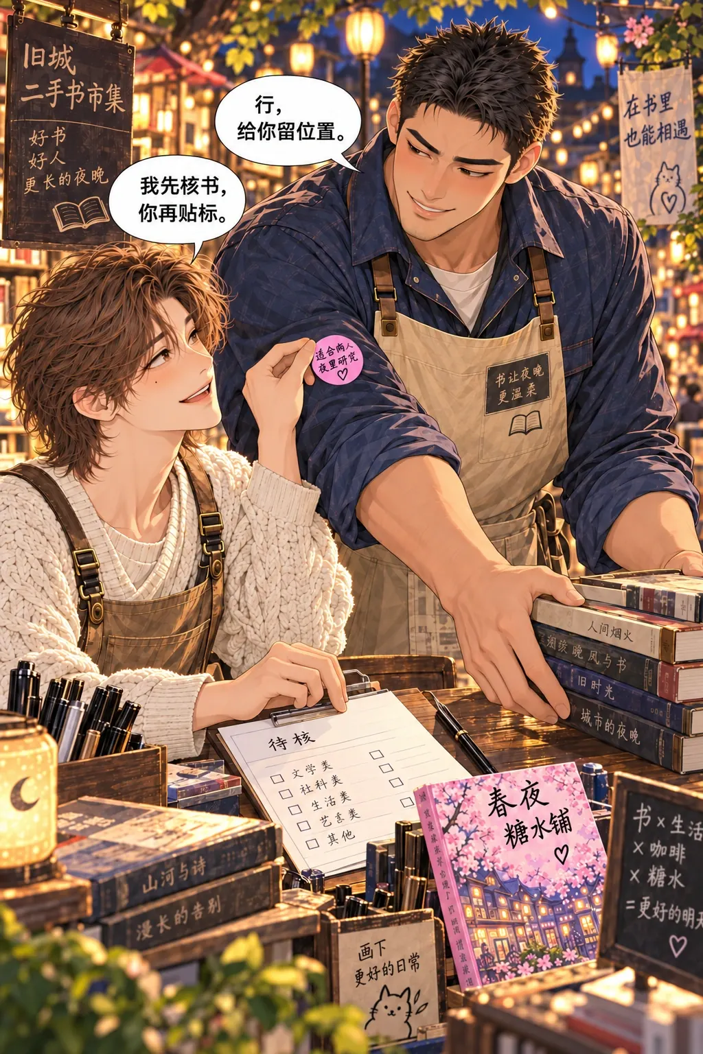 适合两个人熬夜漫画画面：林野把15元收好，轻轻从陈阿满袖口揭下歪贴的粉红标签，准备贴回桌上的待核页；两人近距离相视而笑，陈阿满为他留出画桌位置。