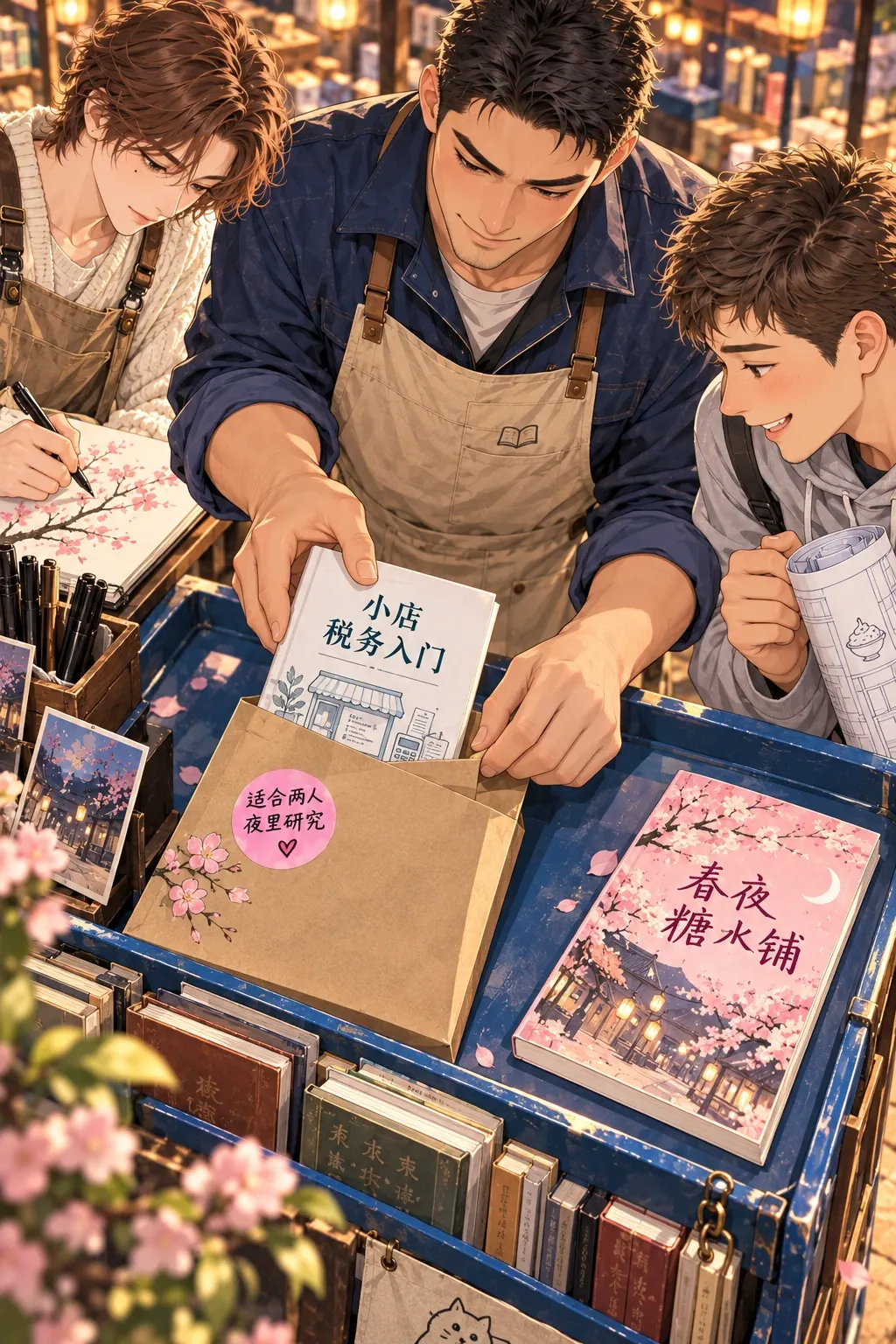 适合两个人熬夜漫画画面：陈阿满急着包书，从左右相邻、同尺寸的白封税务书与粉封恋爱小说中误拿白封《小店税务入门》，塞进上沿尚未折合的牛皮纸盲包，随后折合上沿；粉封《春夜糖水铺》仍躺右侧。