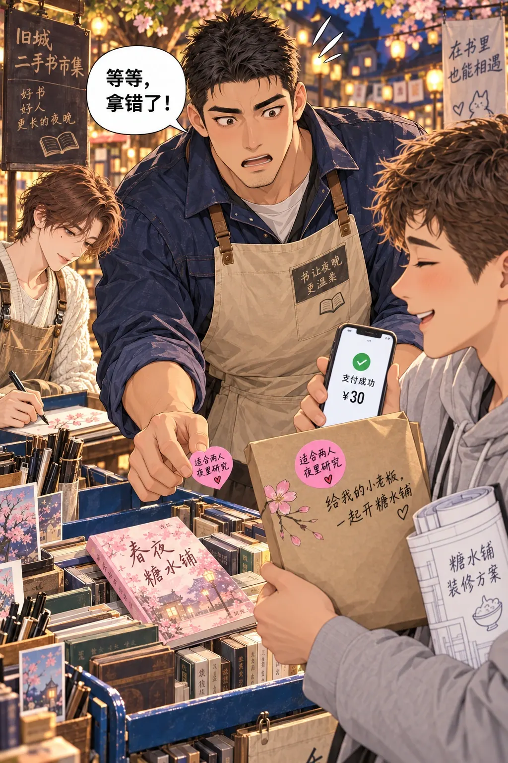 适合两个人熬夜漫画画面：苏晓扫码付了30元并转身半步；陈阿满在摊面看见粉封恋爱小说仍在，眼神骤变，伸手叫住他。