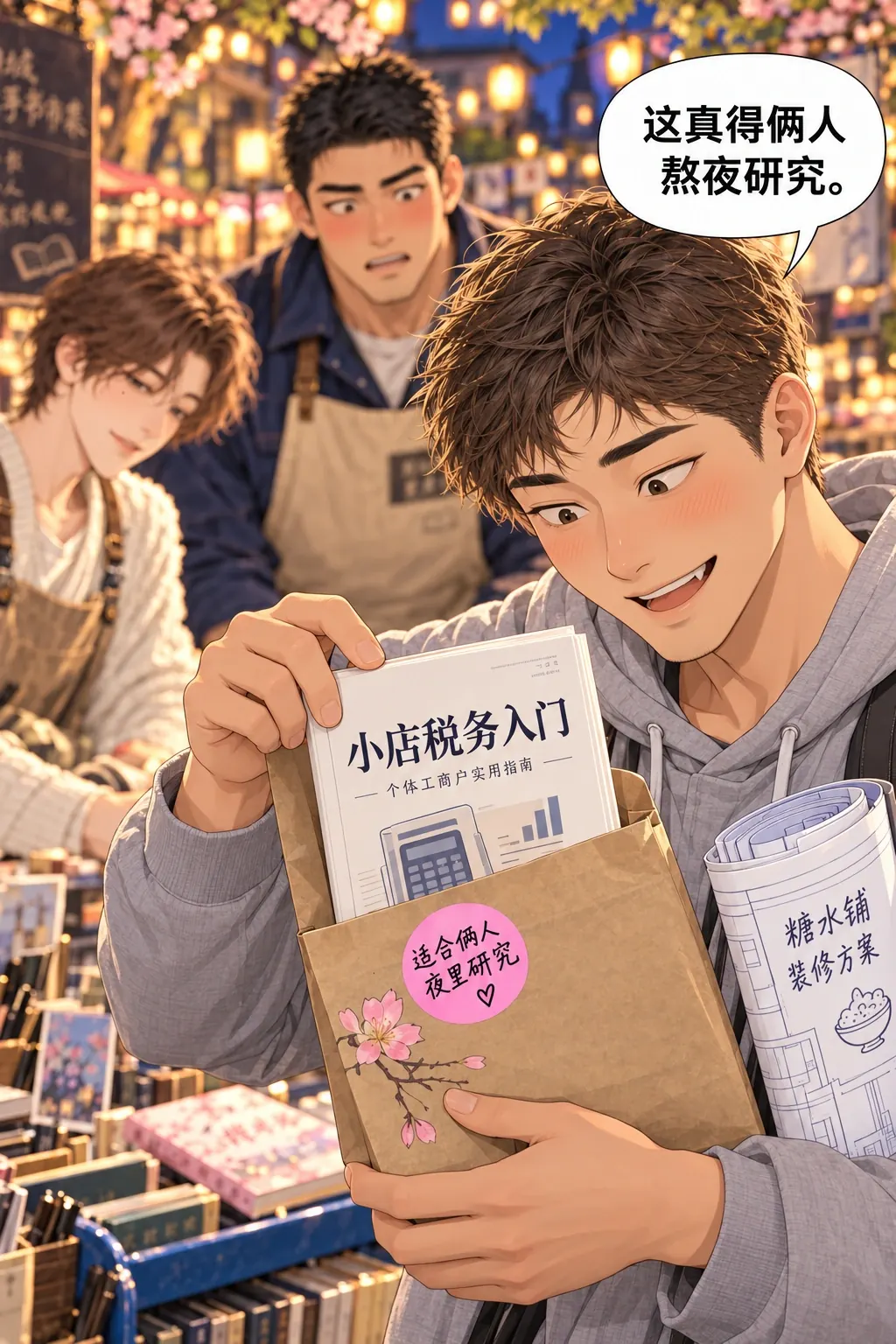 适合两个人熬夜漫画画面：苏晓拆开原封套看到税务书，先挑眉后憋笑；镜头同时保留粉红“适合俩人夜里研究”标签与税务书标题。