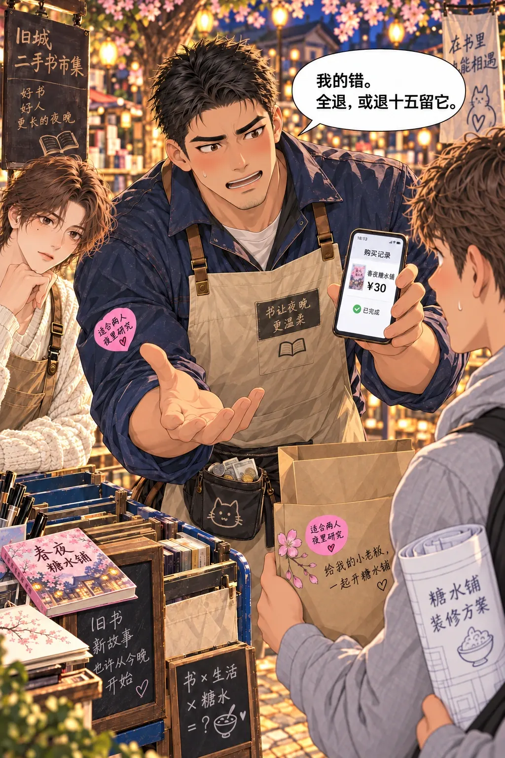 适合两个人熬夜漫画画面：陈阿满放下恋爱小说，向苏晓摊开空手道歉，指着手机30元收款记录与零钱袋，明确让对方选择全退或退15元留税务书。林野在旁看着，不代替他认错。