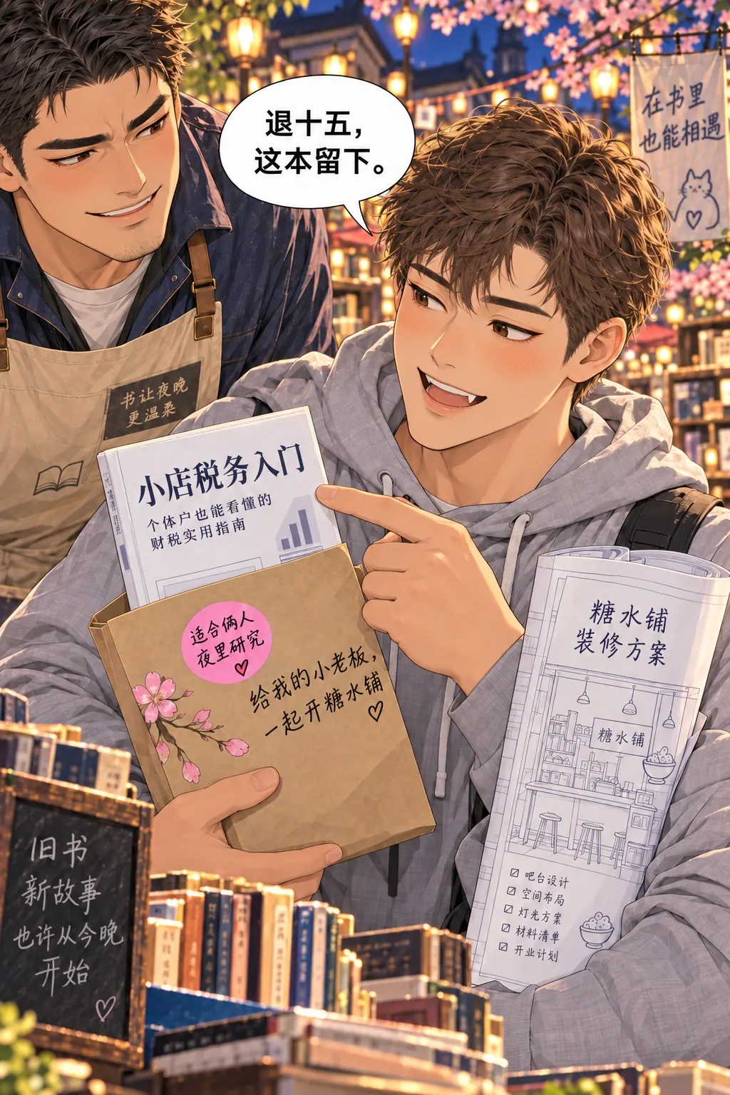 适合两个人熬夜漫画画面：苏晓一手拿税务书，另一臂仍夹糖水铺装修草图；看了赠言和书名后主动把书抱回怀里，指向半价方案。