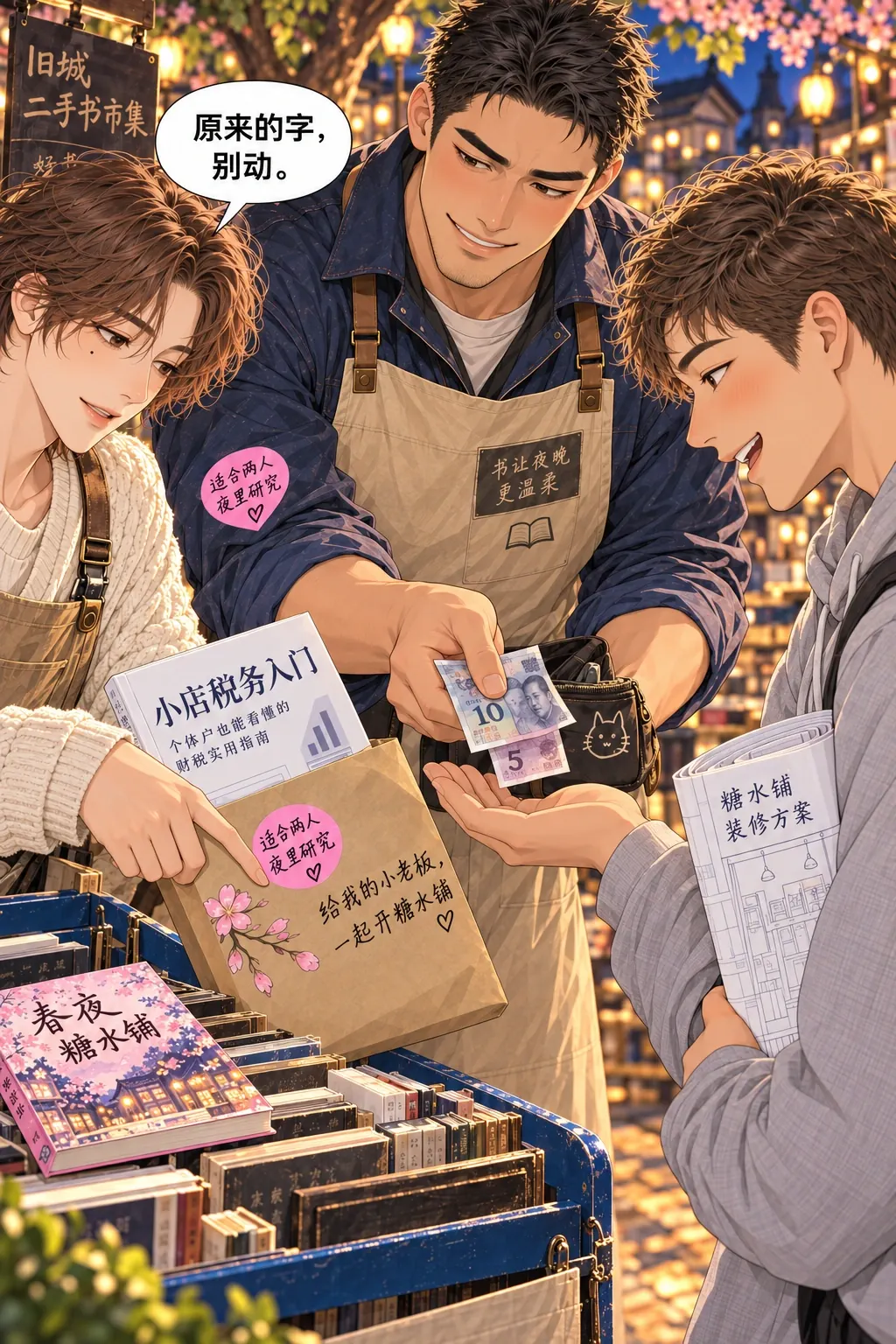适合两个人熬夜漫画画面：陈阿满从零钱袋数出15元交到苏晓手中；林野扶住原封套边缘，指着不碰赠言的空白区示意重画。