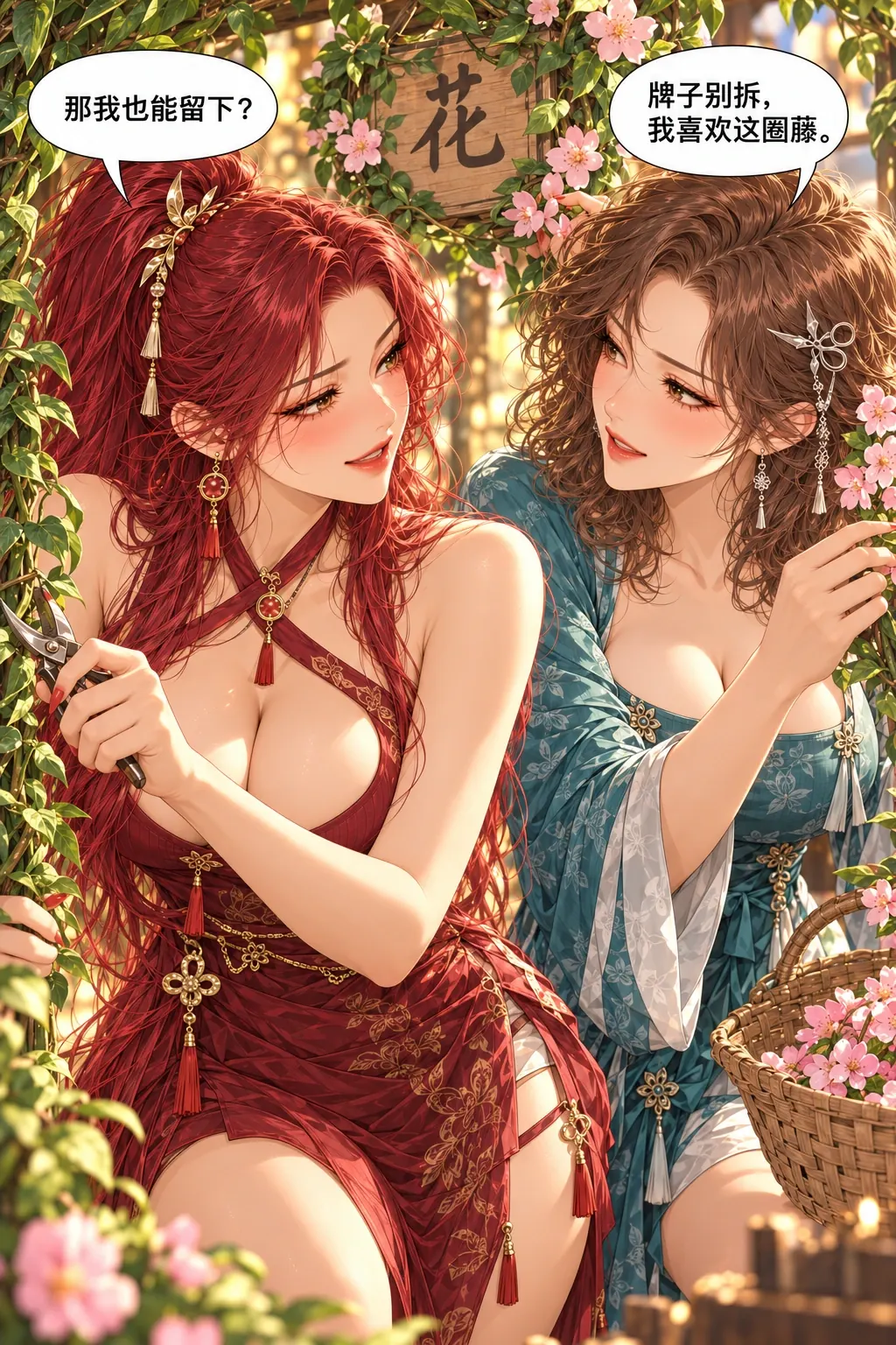 藤比花着急漫画画面：原本乱成一团的绿藤，现在变成缀满粉樱花的精致拱门，比沈檐之前预想的样子好看十倍