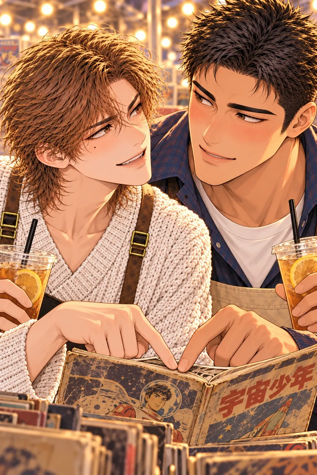 助手证作废漫画画面：《助手证作废》第10格：展位已关、两人真正作为访客在未闭馆的展区并肩看书；脸和上身占前景，他们同时指向一本封皮磨白的老漫画，手指轻触，笑着对视。没有助手证或价签笔在手。