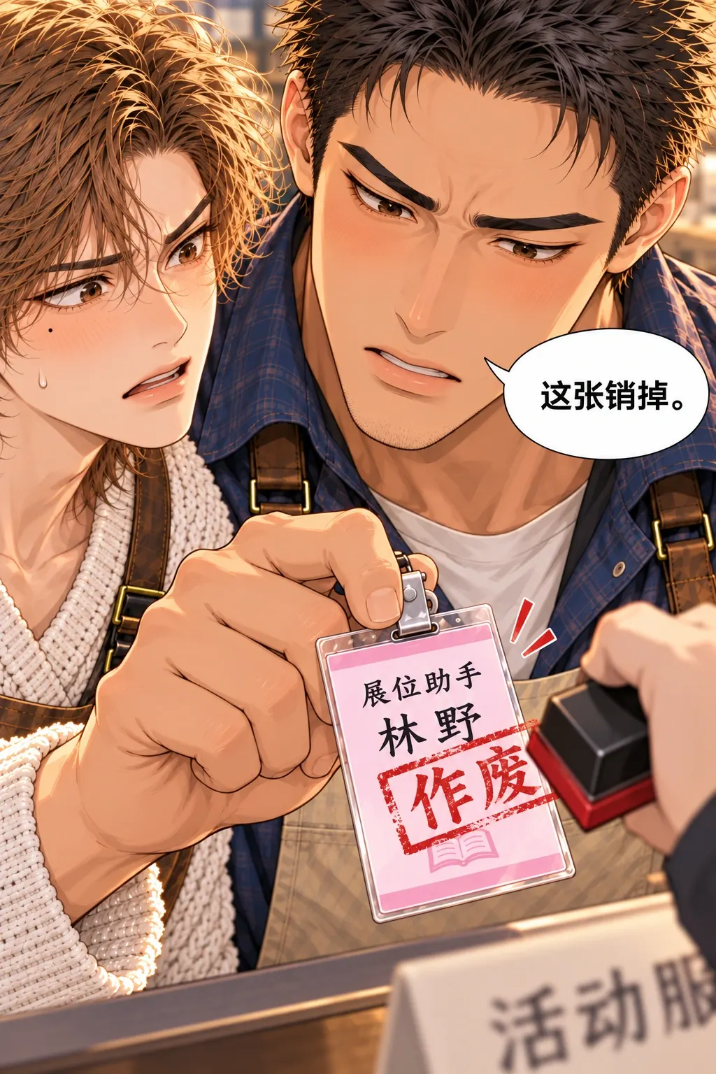 助手证作废漫画画面：《助手证作废》第4格：陈阿满当着林野的面把写着林野姓名的助手证放到展务台；工作人员只露手，红色“作废”章盖在卡上。陈认真确认。