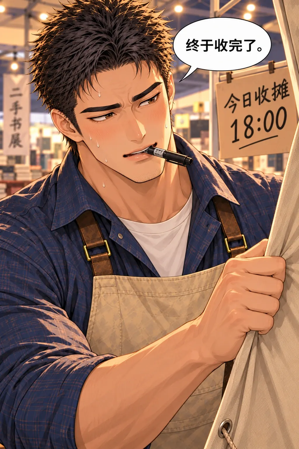 助手证作废漫画画面：《助手证作废》第6格：18:00陈独自整理完旧书、拉上展位遮布，额头薄汗，仍把那支价签笔叼在嘴边；角落小牌写“今日收摊”。入口远处展区灯仍亮。
