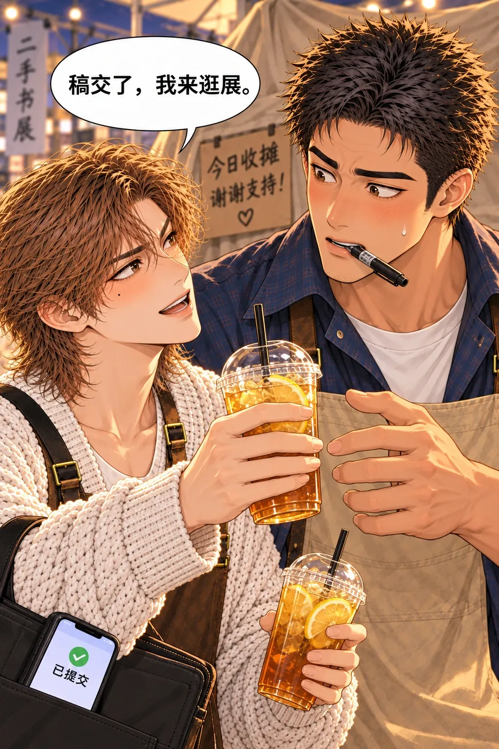 助手证作废漫画画面：《助手证作废》第7格：林野交完插画稿后以访客身份回来，数位板包还在肩上，手机只显示简短“已提交”；他递给陈一杯冰柠茶，自己也拿一杯。陈惊喜转头，价签笔仍在嘴边。