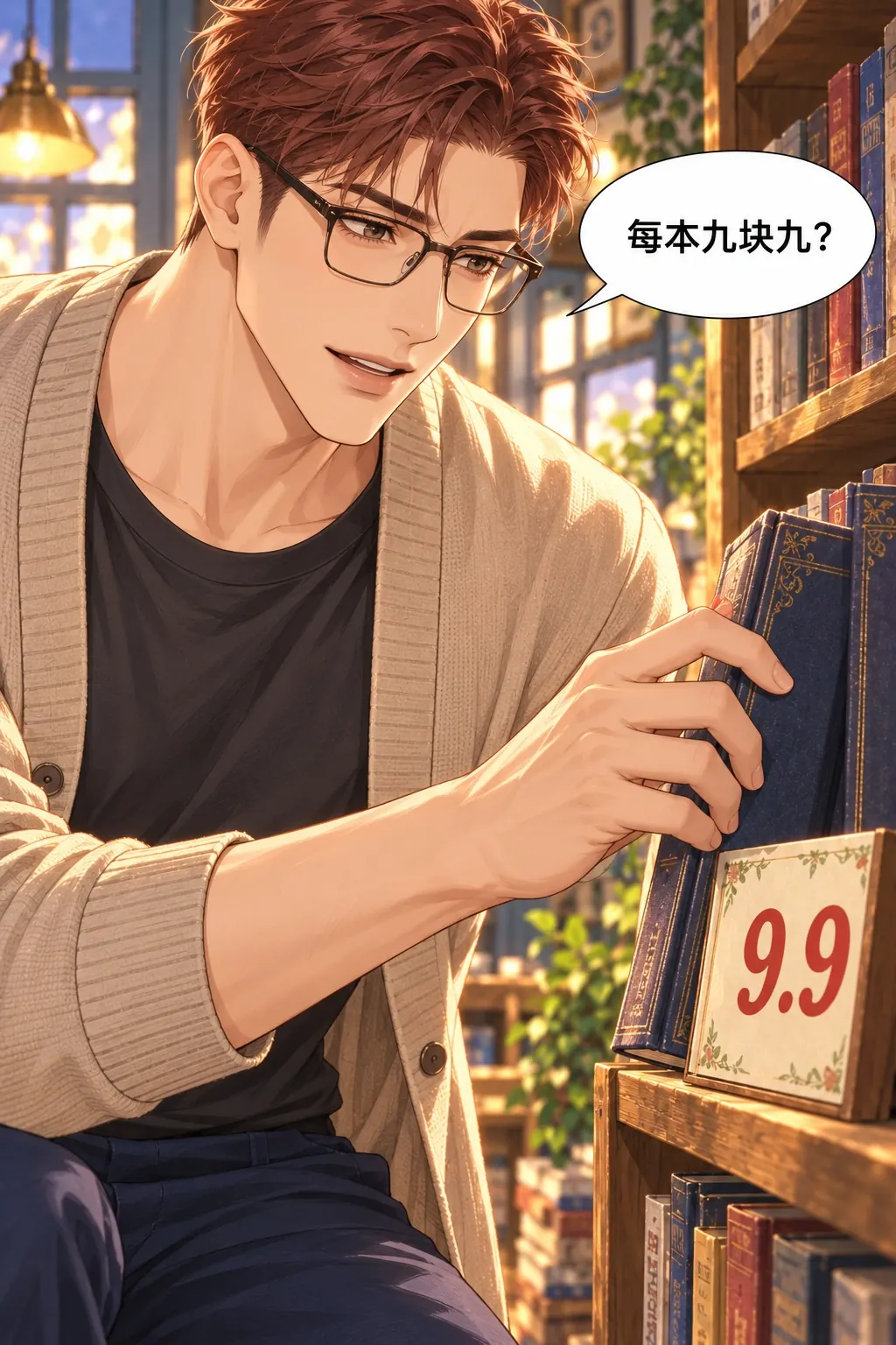 那个折字去哪儿了漫画画面：《那个折字去哪儿了》第2格：他基于遮挡价签形成善意误解，开始选书