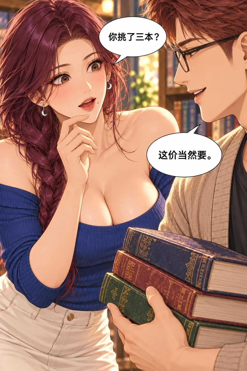 那个折字去哪儿了漫画画面：《那个折字去哪儿了》第3格：三本书让她发现9.9误会，错愕促使她想偷偷补救