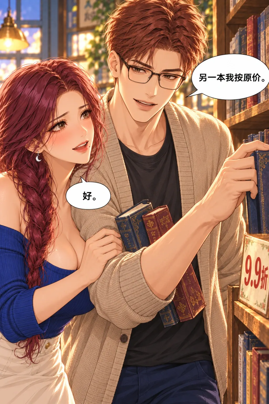 那个折字去哪儿了漫画画面：《那个折字去哪儿了》第6格：他主动放弃把全部书按错误低价购买，帮她恢复诚实标识；交易完成