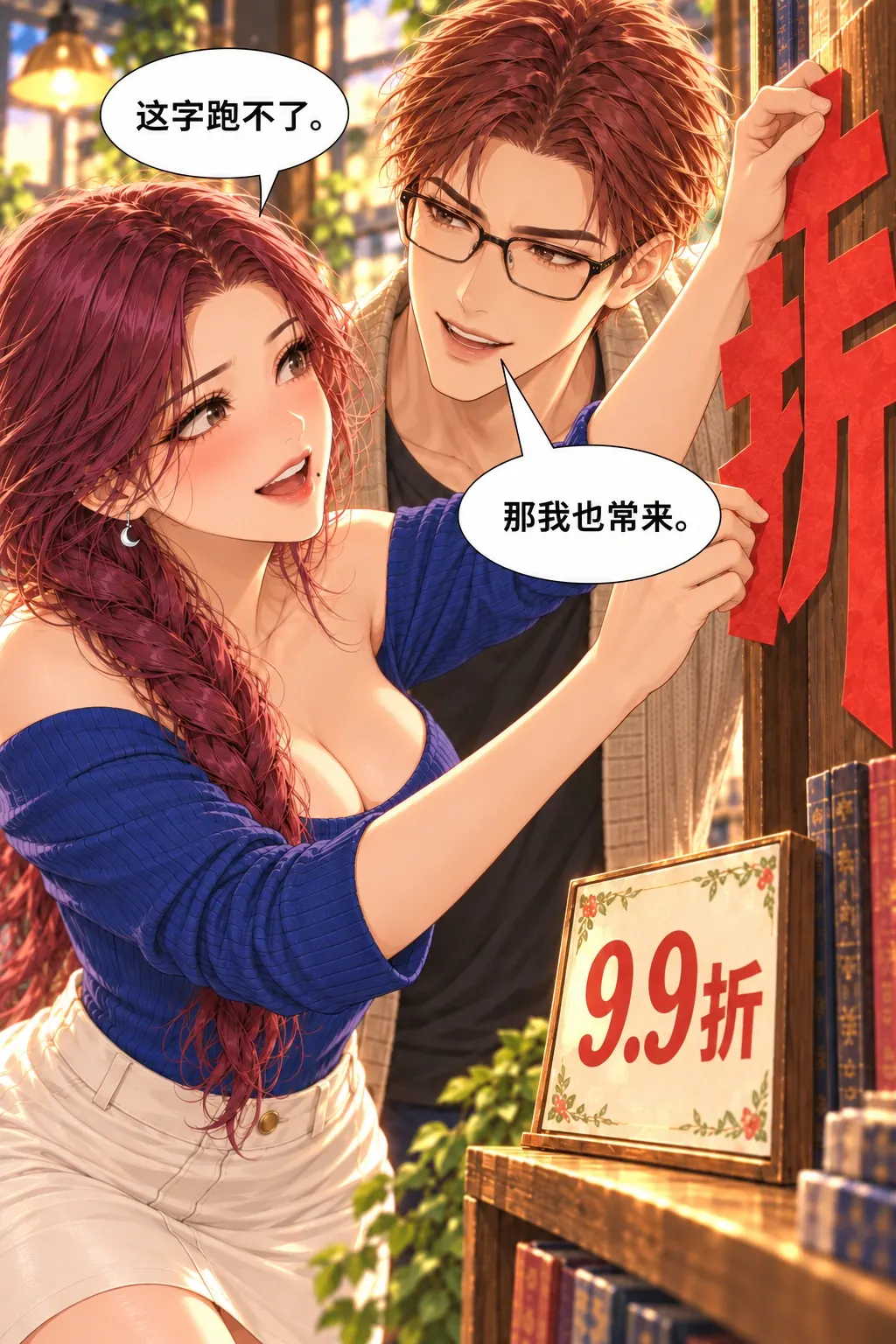 那个折字去哪儿了漫画画面：《那个折字去哪儿了》第8格：大字回扣误会，他用行动留下再次来店的理由，两人不再只是一笔尴尬交易