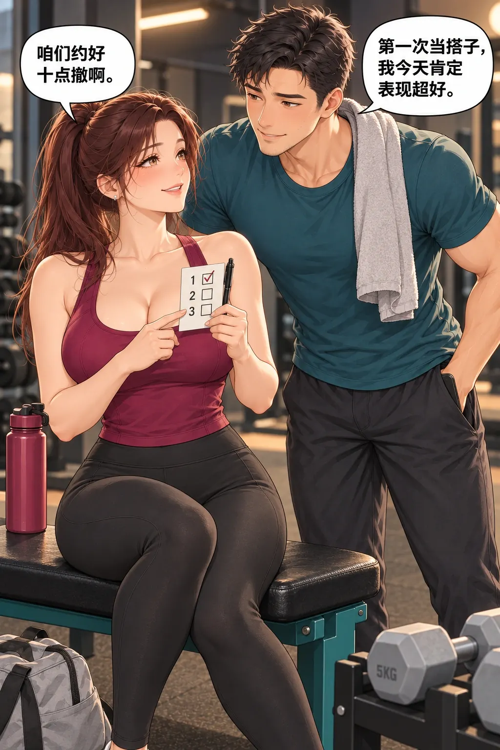 健身搭子初体验漫画画面：《健身搭子初体验》第1格：两人约好十点走，许岚保有自己的计划，周临急于当靠谱搭子。