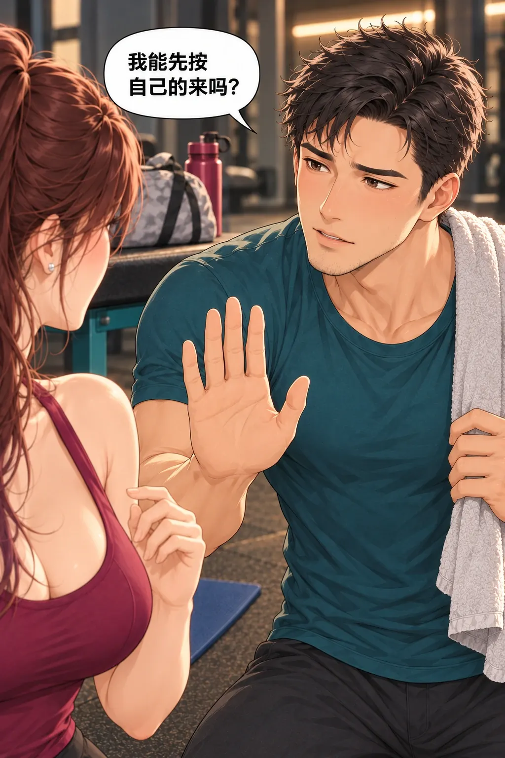 健身搭子初体验漫画画面：《健身搭子初体验》第10格：他主动表达需要，阻止错位继续。