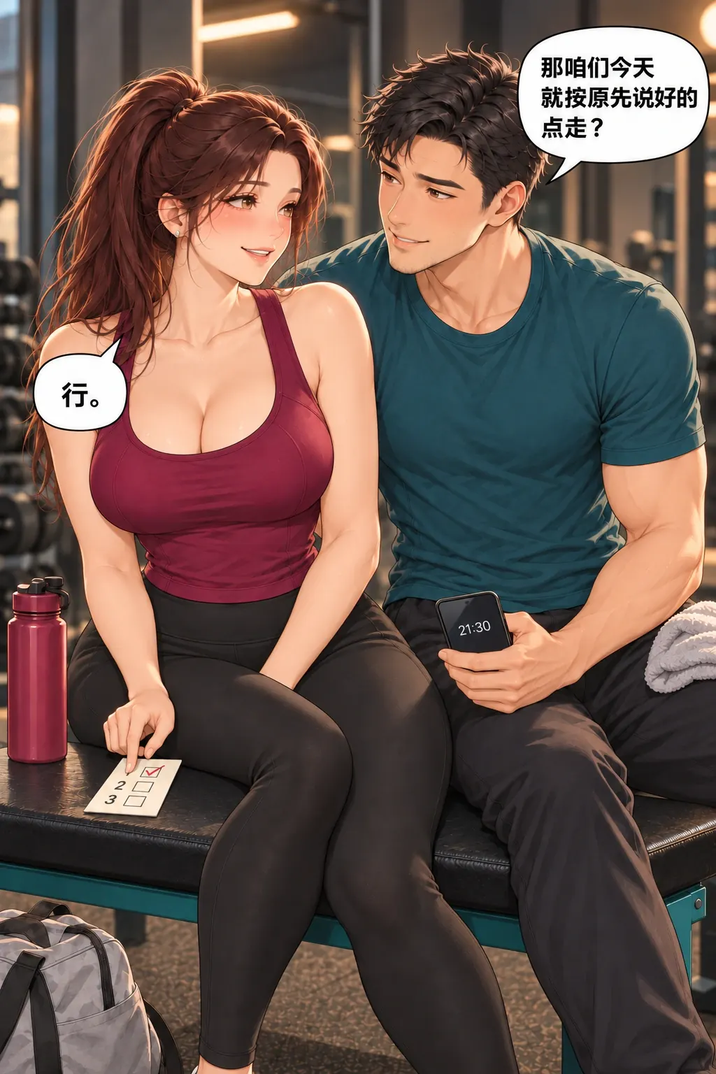 健身搭子初体验漫画画面：《健身搭子初体验》第14格：共同放弃完美完成全部训练，承认时间已被占用。