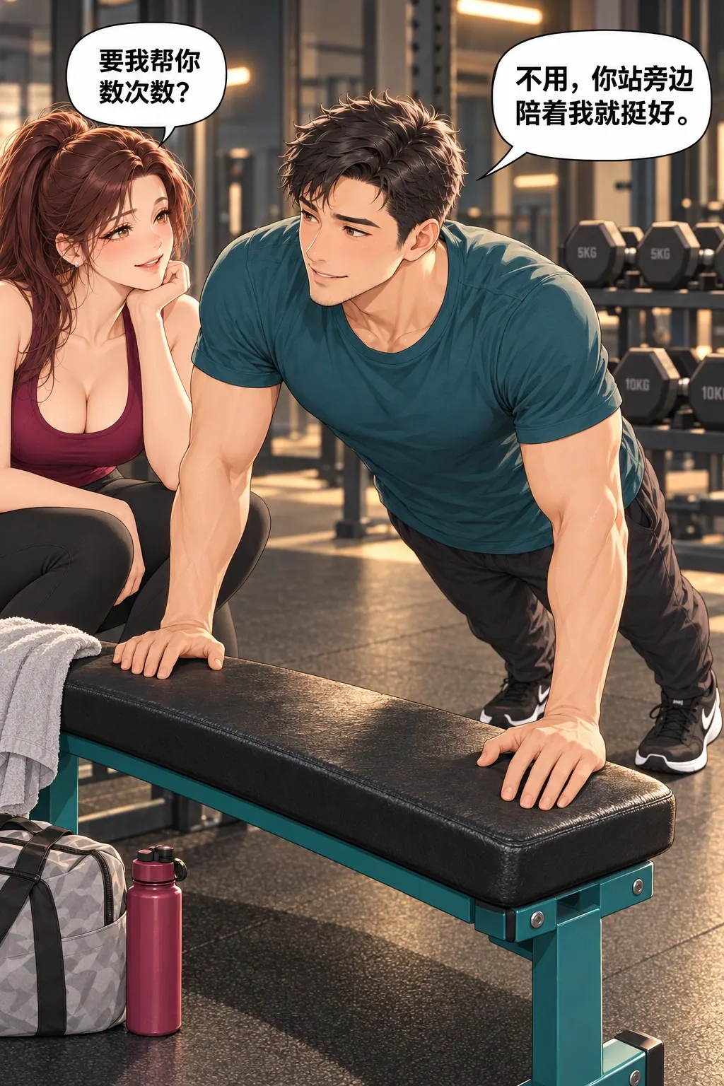 健身搭子初体验漫画画面：《健身搭子初体验》第16格：她也接受不必替他做事的回答，改变真的落实到行动。
