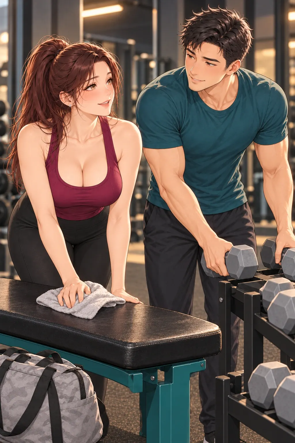 健身搭子初体验漫画画面：《健身搭子初体验》第18格：他们各自承担一件收尾工作，不把帮助都抢在一人手里。