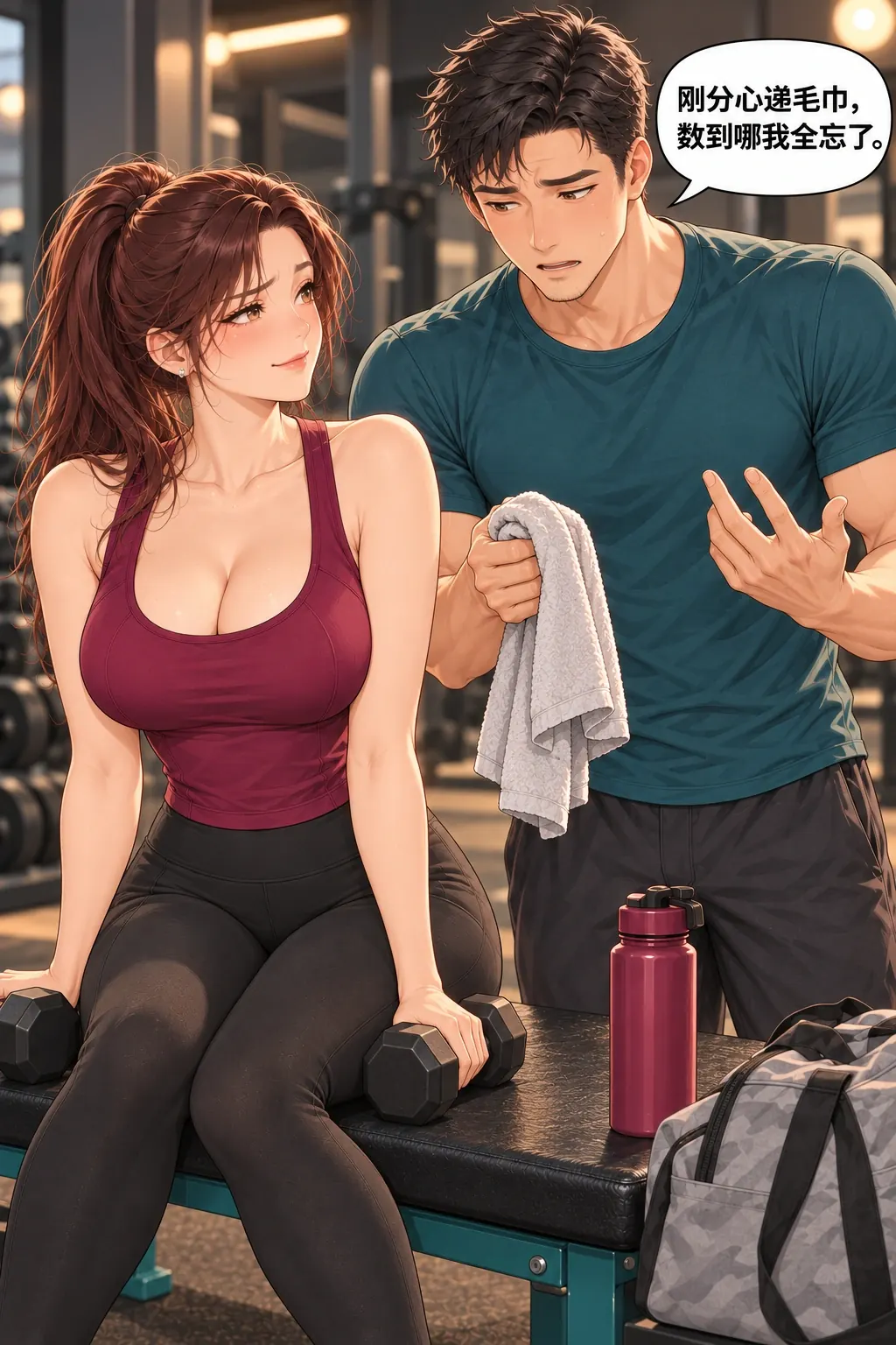 健身搭子初体验漫画画面：《健身搭子初体验》第3格：第一次帮助因为分心失误，许岚能看见原因。