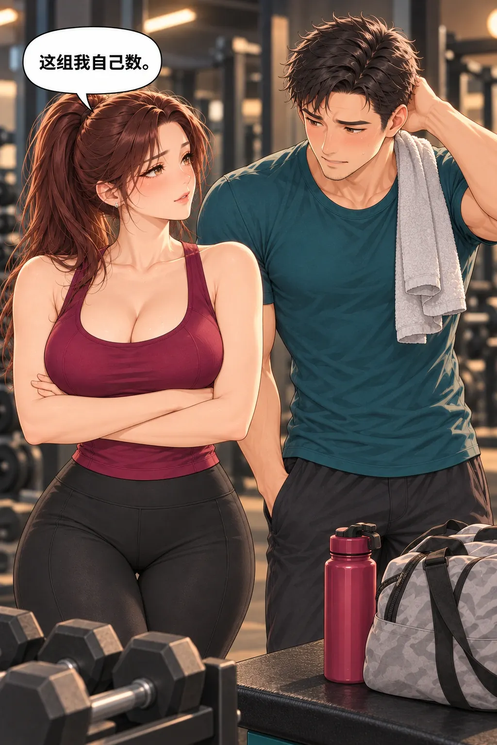 健身搭子初体验漫画画面：《健身搭子初体验》第4格：她收回计数，周临的挫败引发下一次补救。
