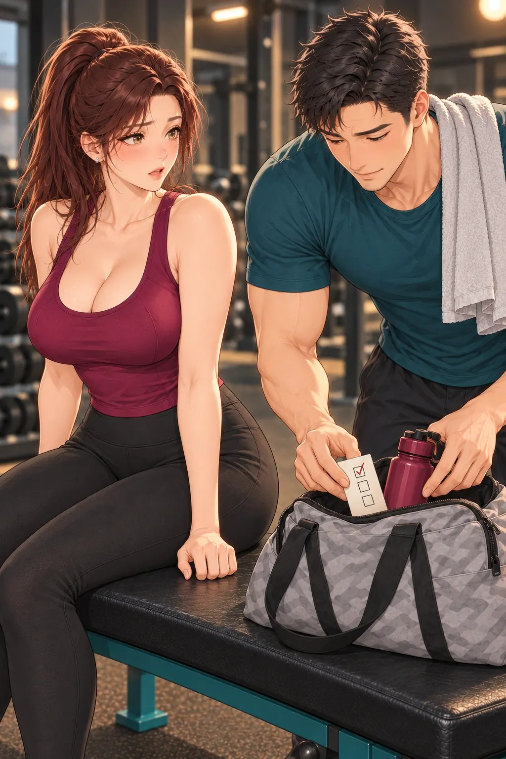健身搭子初体验漫画画面：《健身搭子初体验》第5格：他未经询问就替她收拾，她的训练像被提前结束。