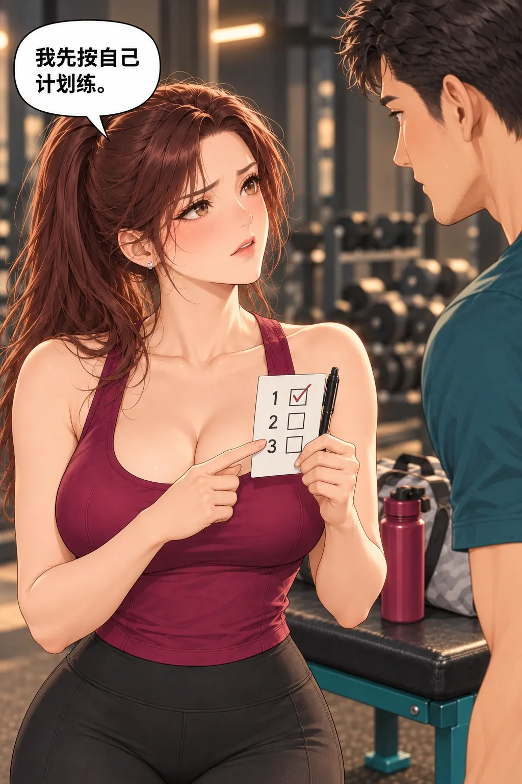 健身搭子初体验漫画画面：《健身搭子初体验》第7格：她明确希望自己把这组做完，两人有真实停顿。