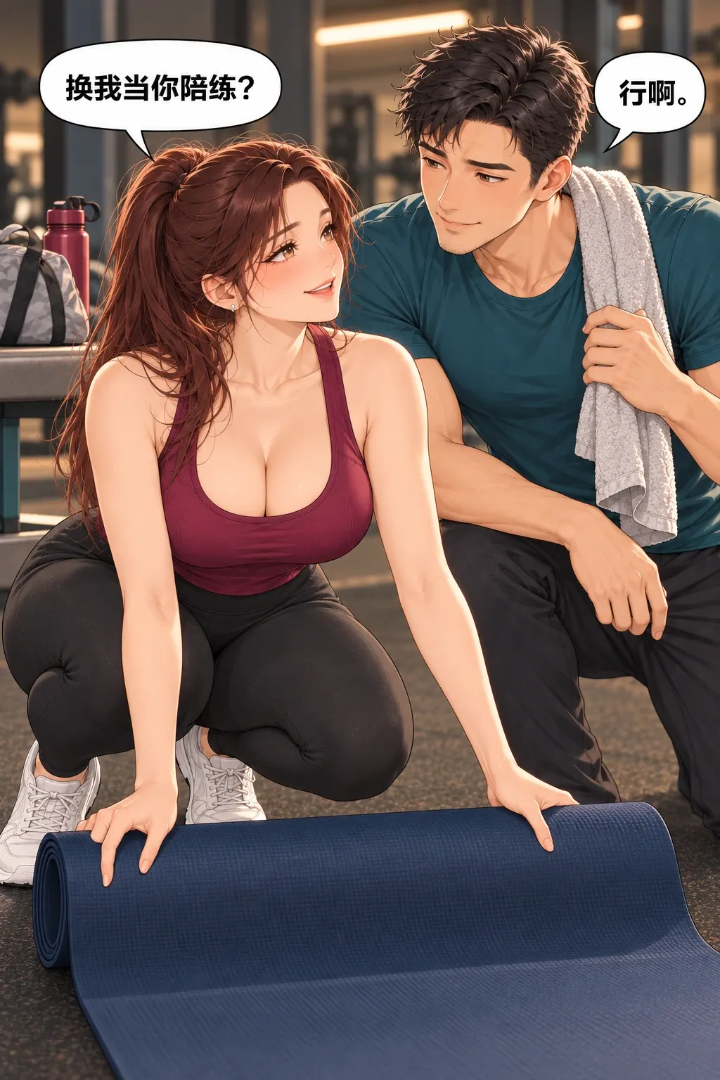 健身搭子初体验漫画画面：《健身搭子初体验》第8格：双方同意交换角色，但她开始替他决定顺序。