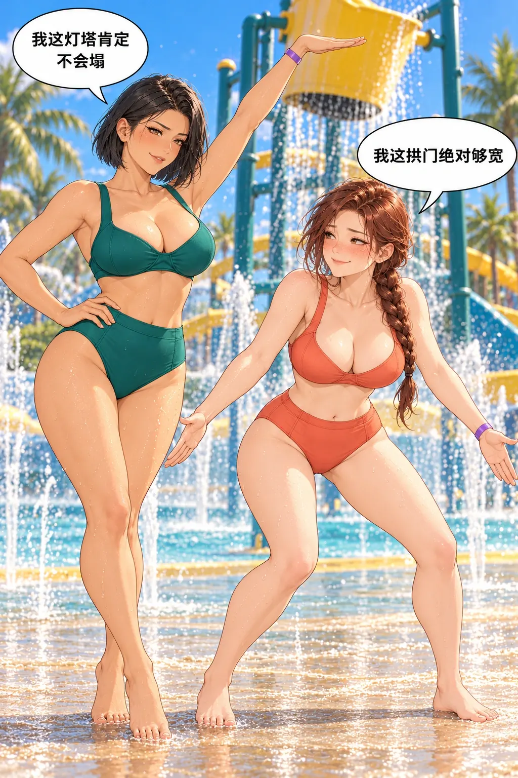 沙堡与水堡漫画画面：《沙堡与水堡》第12格：俩人下意识摆出了刚才各自负责的沙堡部分造型