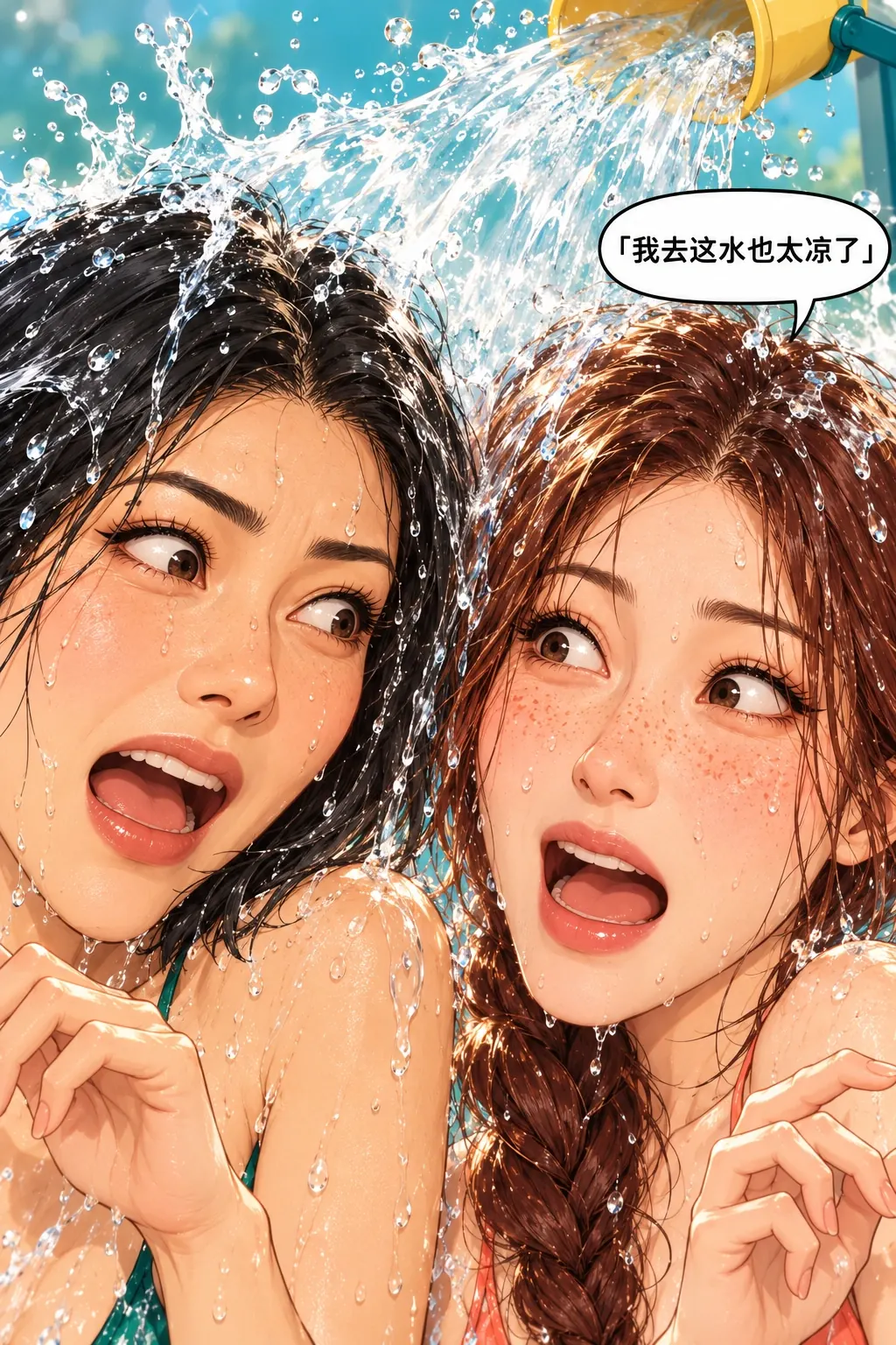 沙堡与水堡漫画画面：《沙堡与水堡》第14格：第一轮水直接把俩人从头到脚浇透，没有半点躲的余地