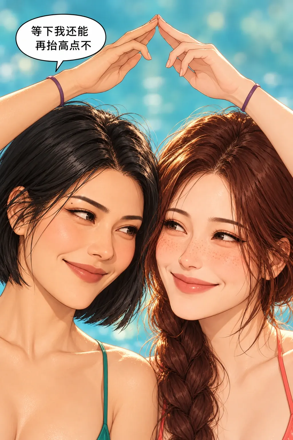 沙堡与水堡漫画画面：《沙堡与水堡》第18格：她们终于搭成协调的小城堡；乔汐仍想更高，这次先问闻夏，没有自行添加。