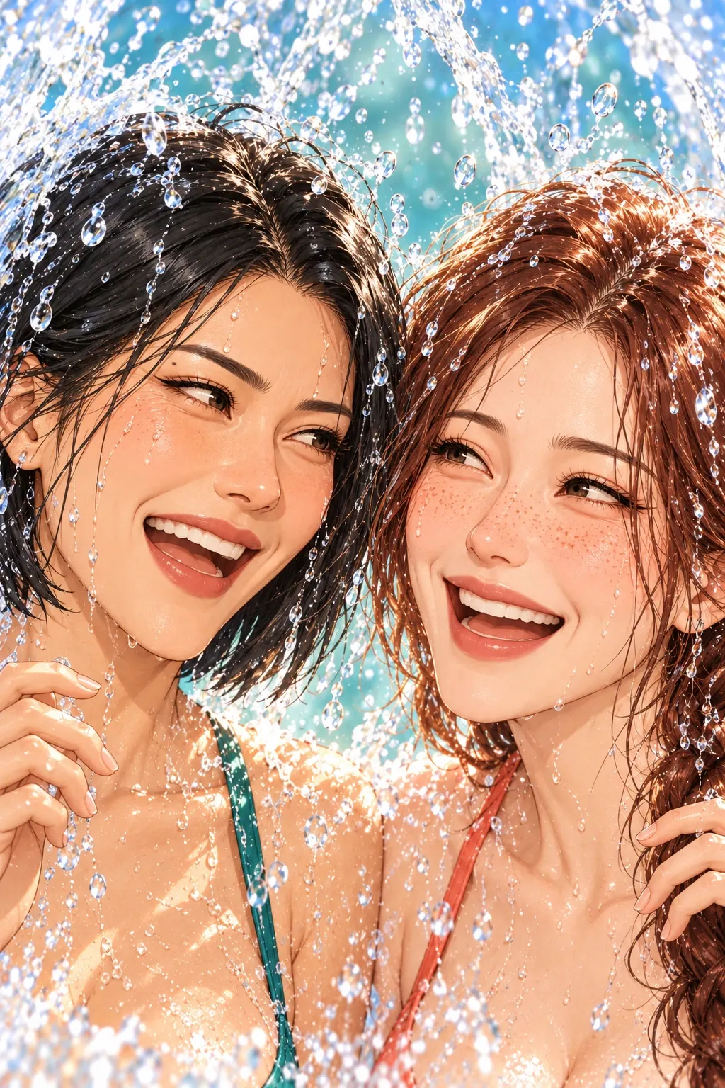 沙堡与水堡漫画画面：《沙堡与水堡》第20格：她们一起放下完美造型，留在彼此身边玩水；共同经历替代争自己的建筑规格。