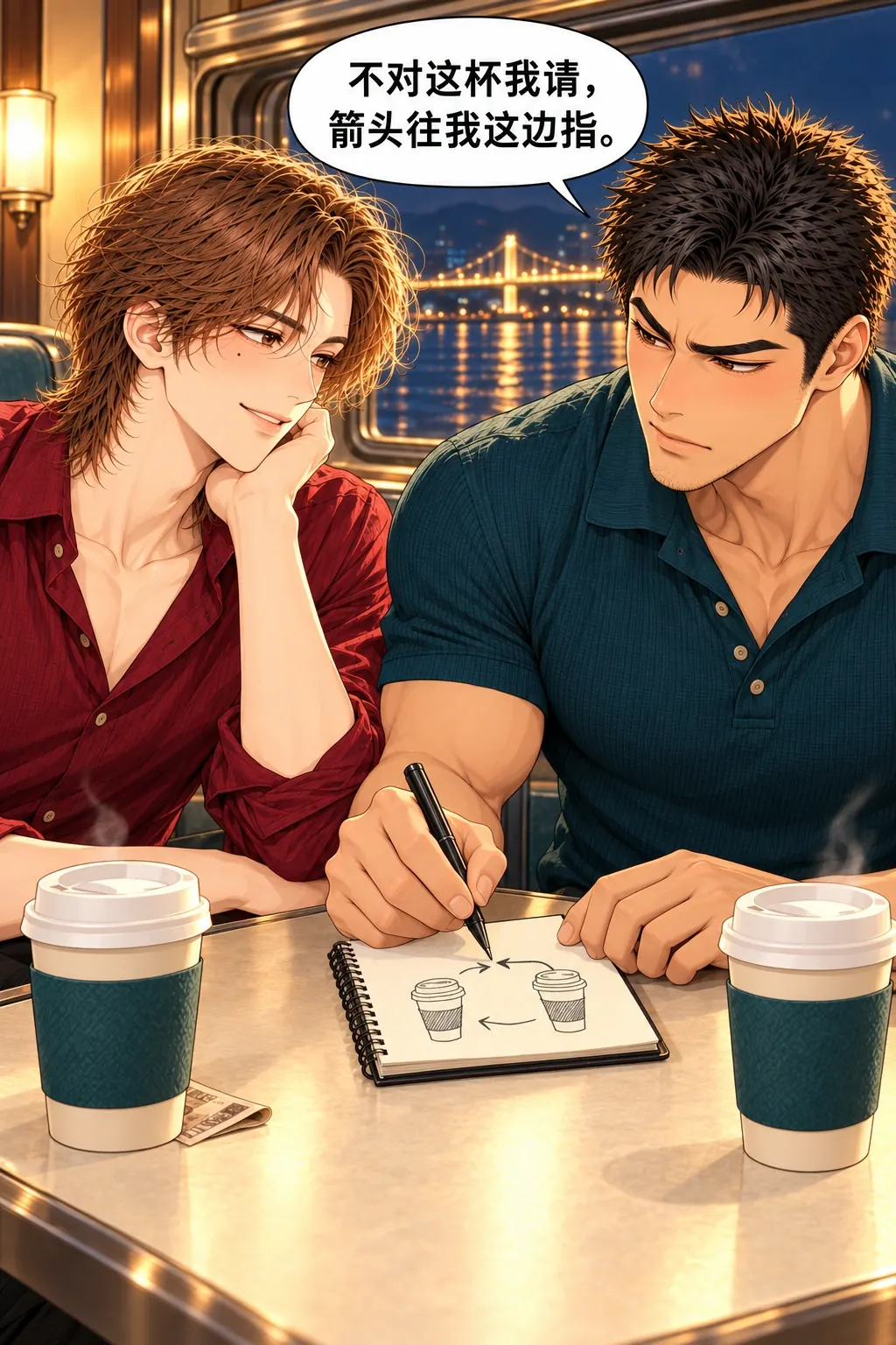 约会不用找零漫画画面：《约会不用找零》第5格：陈也用摊主算账惯性维护请客，图不再更简单。