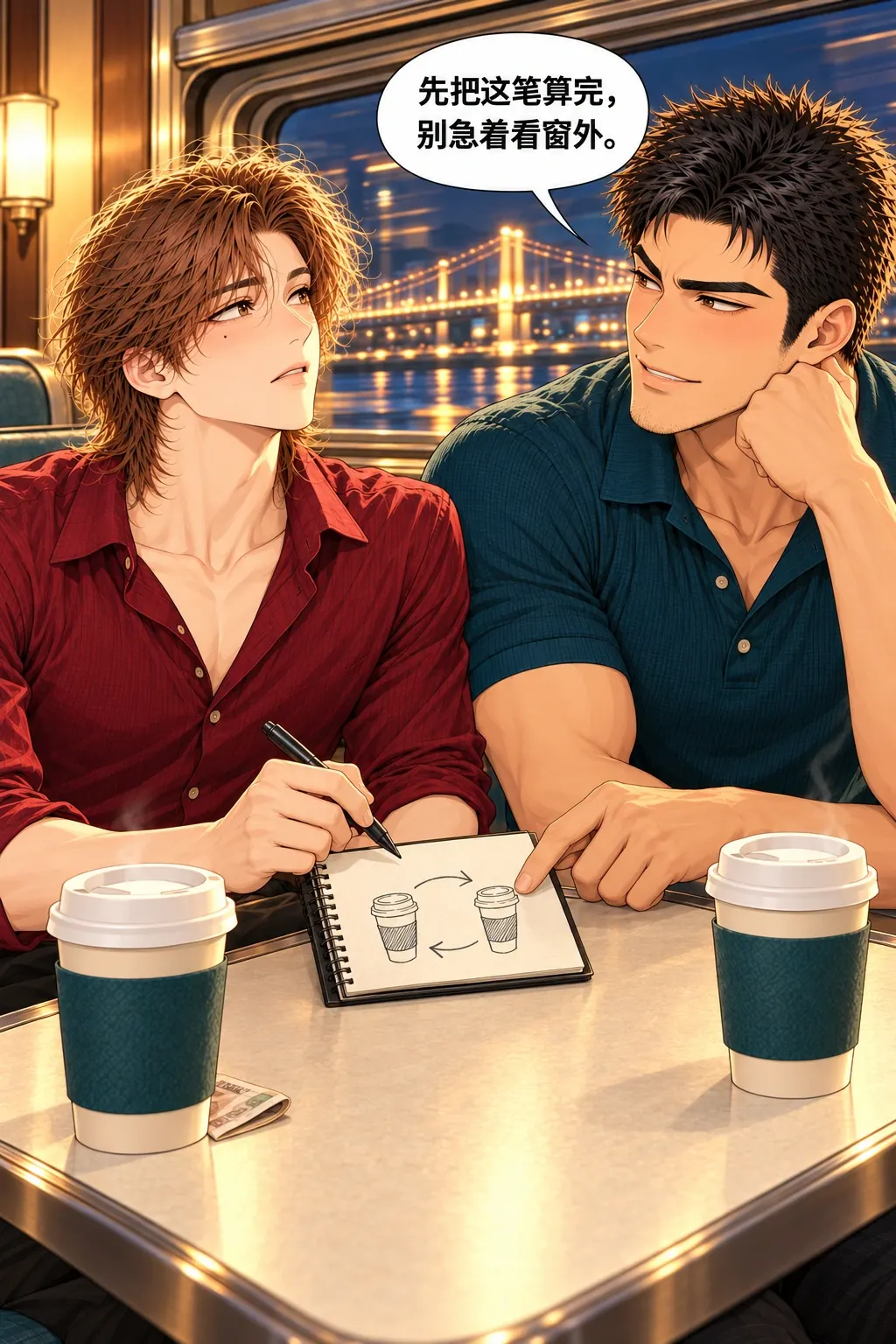 约会不用找零漫画画面：《约会不用找零》第7格：他得到看景机会，但陈的坚持把注意力拉回私账。