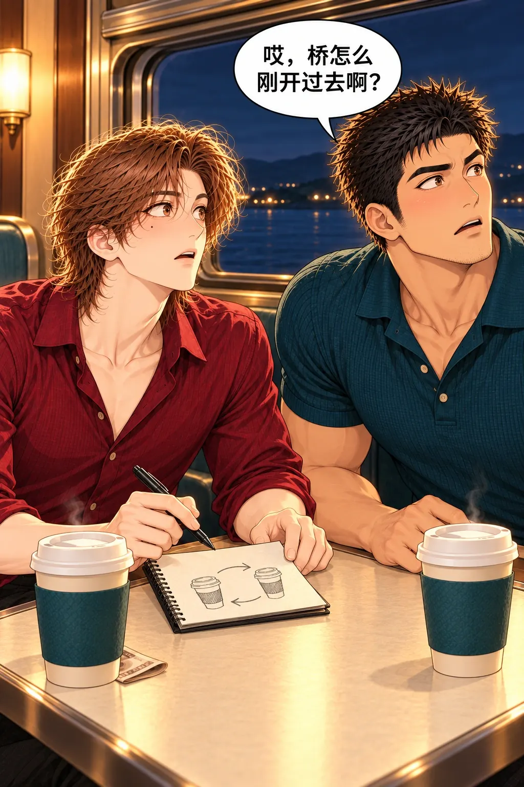 约会不用找零漫画画面：《约会不用找零》第9格：他们发现原本一起期待的桥灯已经错过，夜车不会倒回。