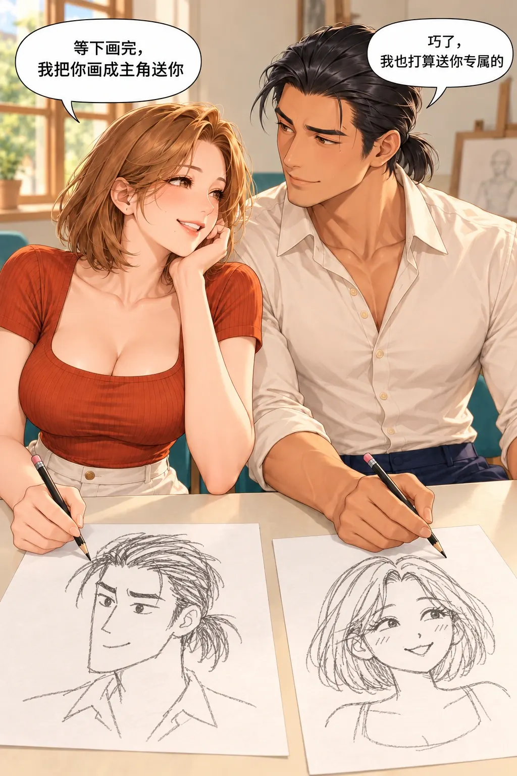 这张脸，我不领漫画画面：《这张脸，我不领》第1格：互画互赠的共同目标已明确，初稿有两人的特征。