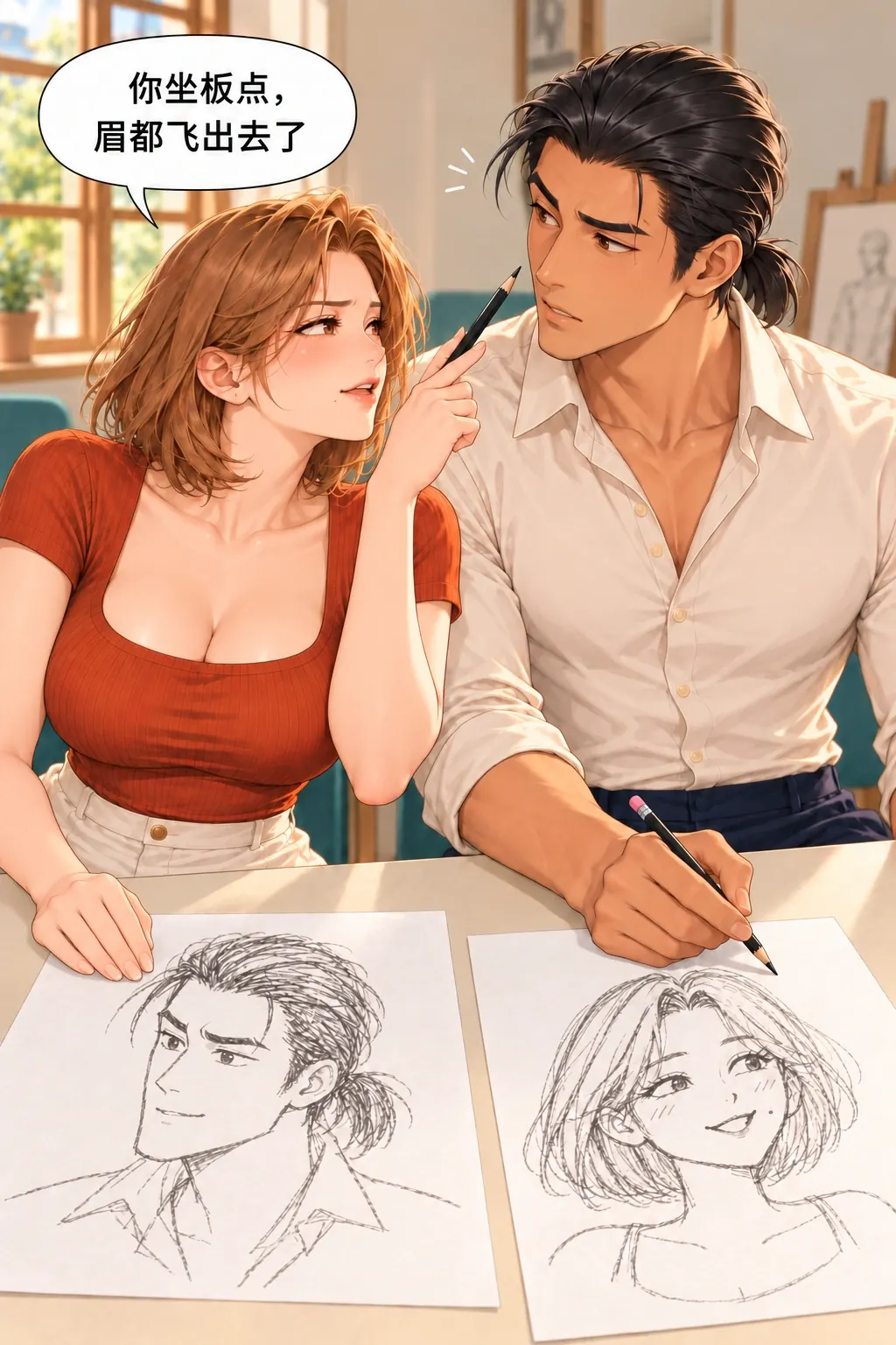 这张脸，我不领漫画画面：《这张脸，我不领》第2格：段弥发现真人裴策的眉仍比自己预设的标准模板飞，提出约束模特的要求
