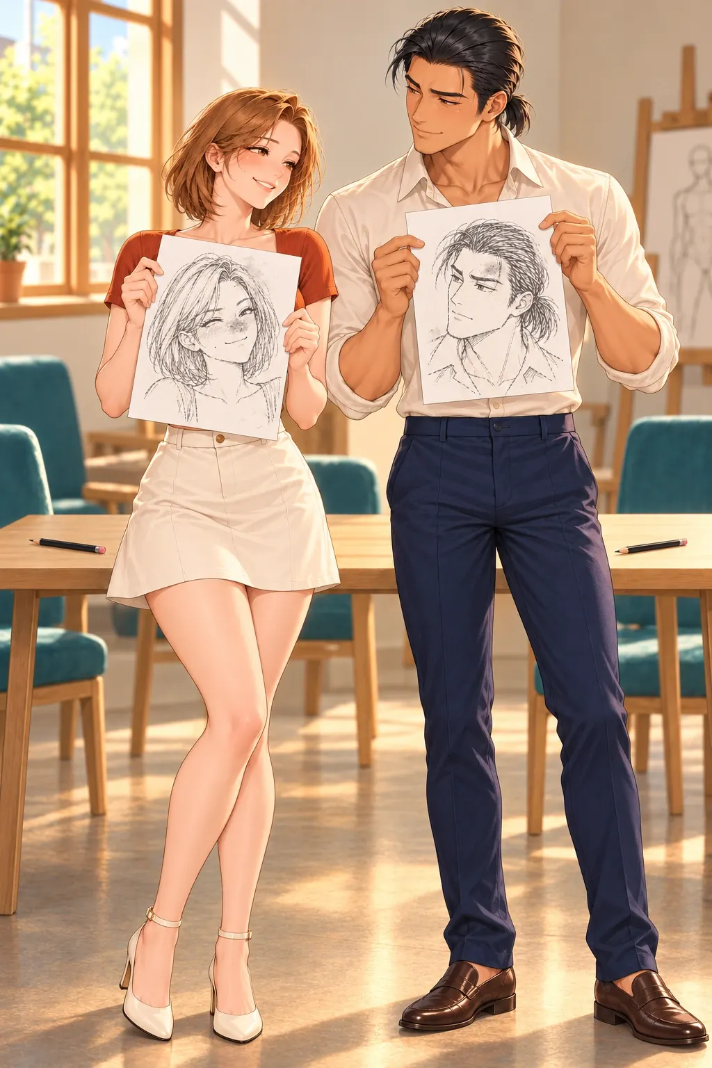 这张脸，我不领漫画画面：《这张脸，我不领》第20格：起身仍带着原纸，两支笔留桌；决定收下已产生可见后果。
