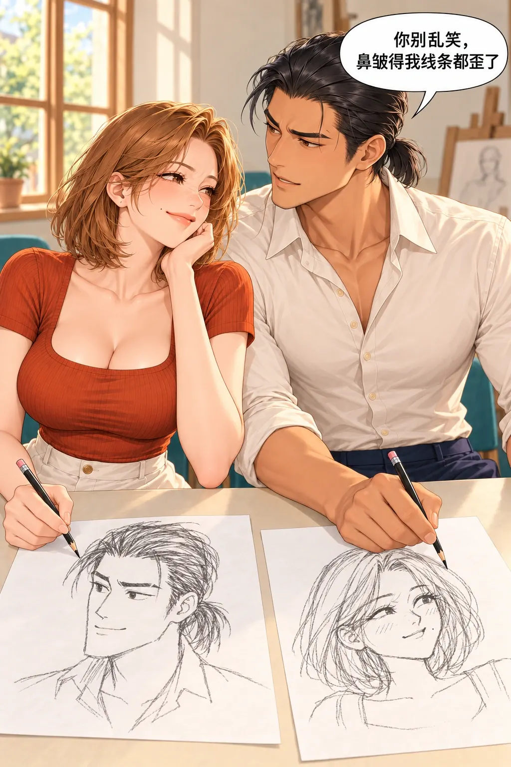 这张脸，我不领漫画画面：《这张脸，我不领》第3格：裴策同步发现真人段弥的笑态破坏自己要的规整感，反向提出约束模特的要求