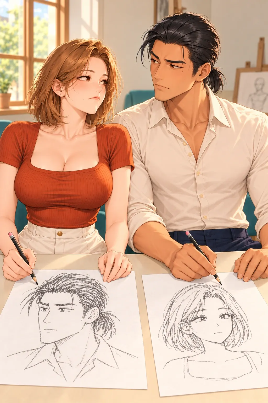 这张脸，我不领漫画画面：《这张脸，我不领》第4格：按板正模特状态画完标准化肖像，准备第一次递画交换