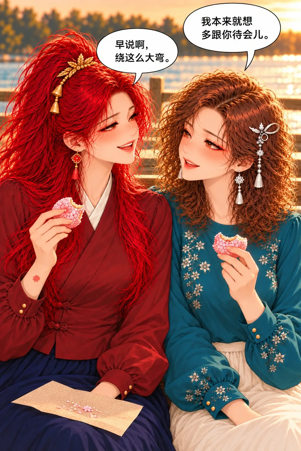 栈道边的樱饼赌约漫画画面：《栈道边的樱饼赌约》第16格：沈不再藏真实愿望，苏笑着接住，肩近保留。