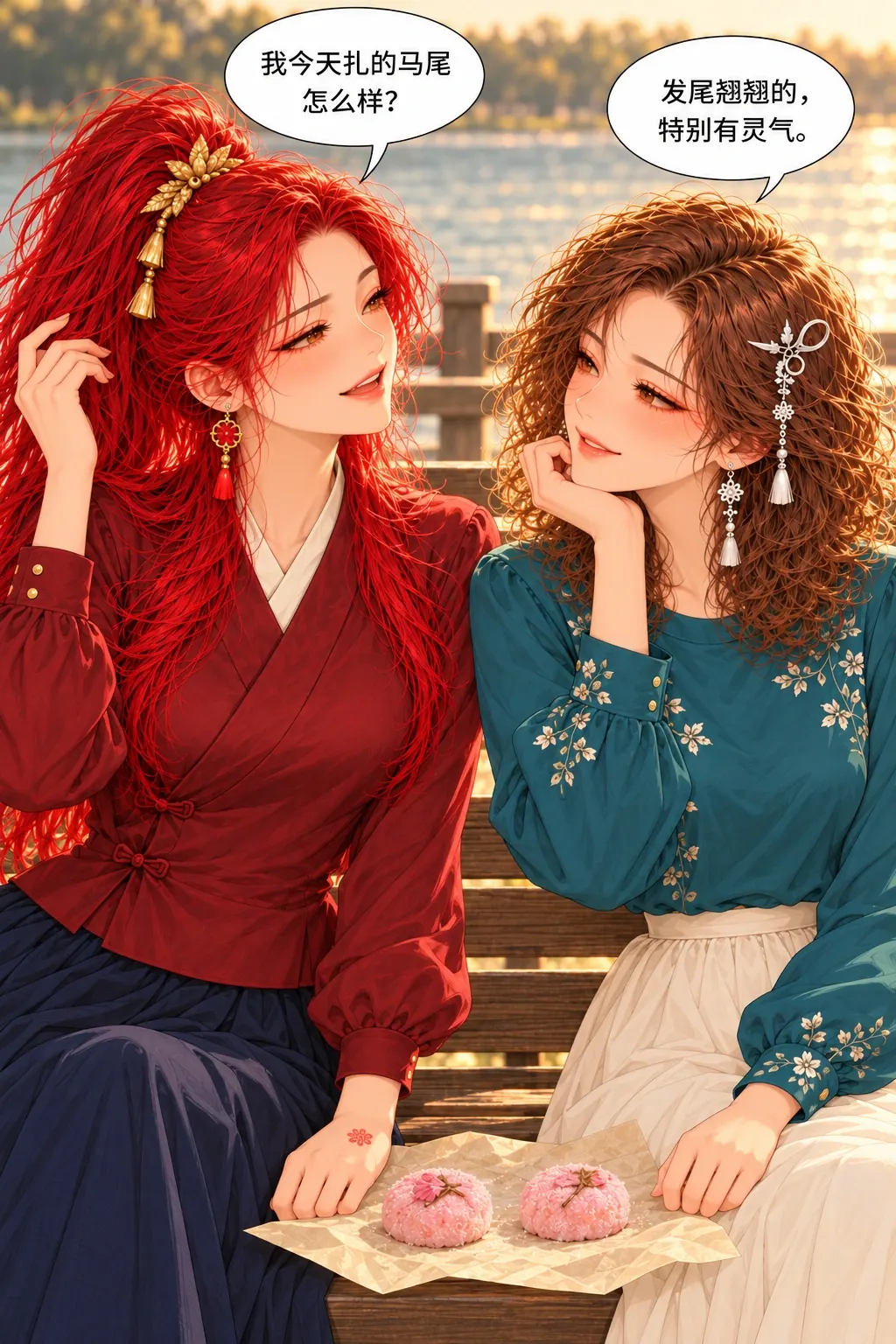 栈道边的樱饼赌约漫画画面：《栈道边的樱饼赌约》第5格：苏初次故意套夸未中，沈守住。