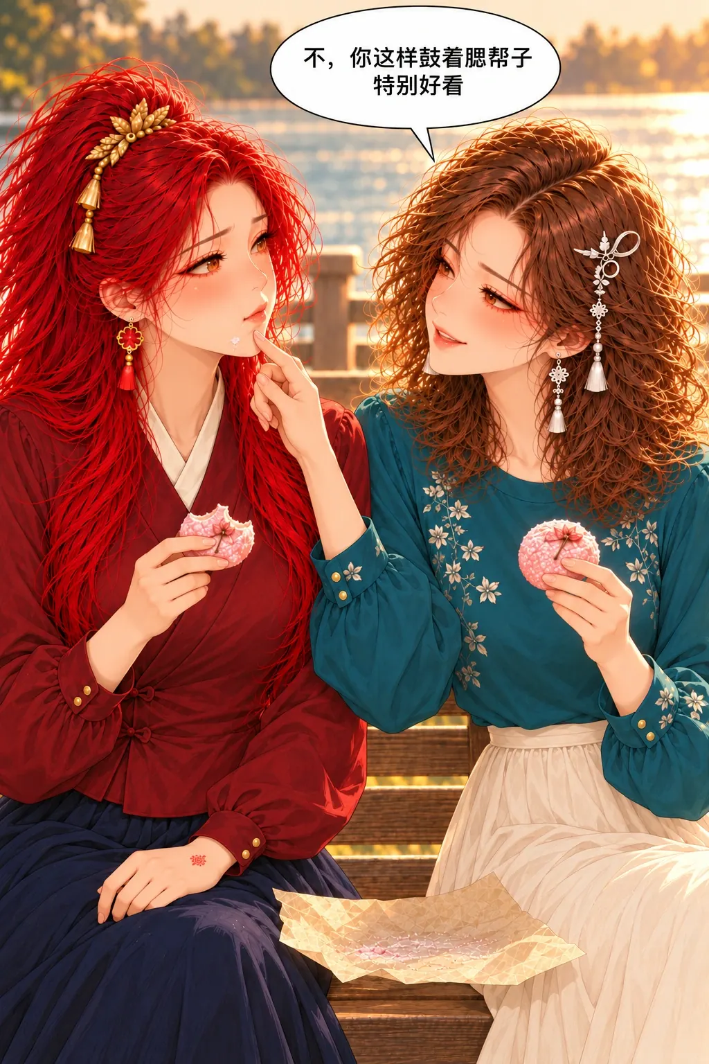 栈道边的樱饼赌约漫画画面：《栈道边的樱饼赌约》第8格：沈真心安慰说好看，首次失言。