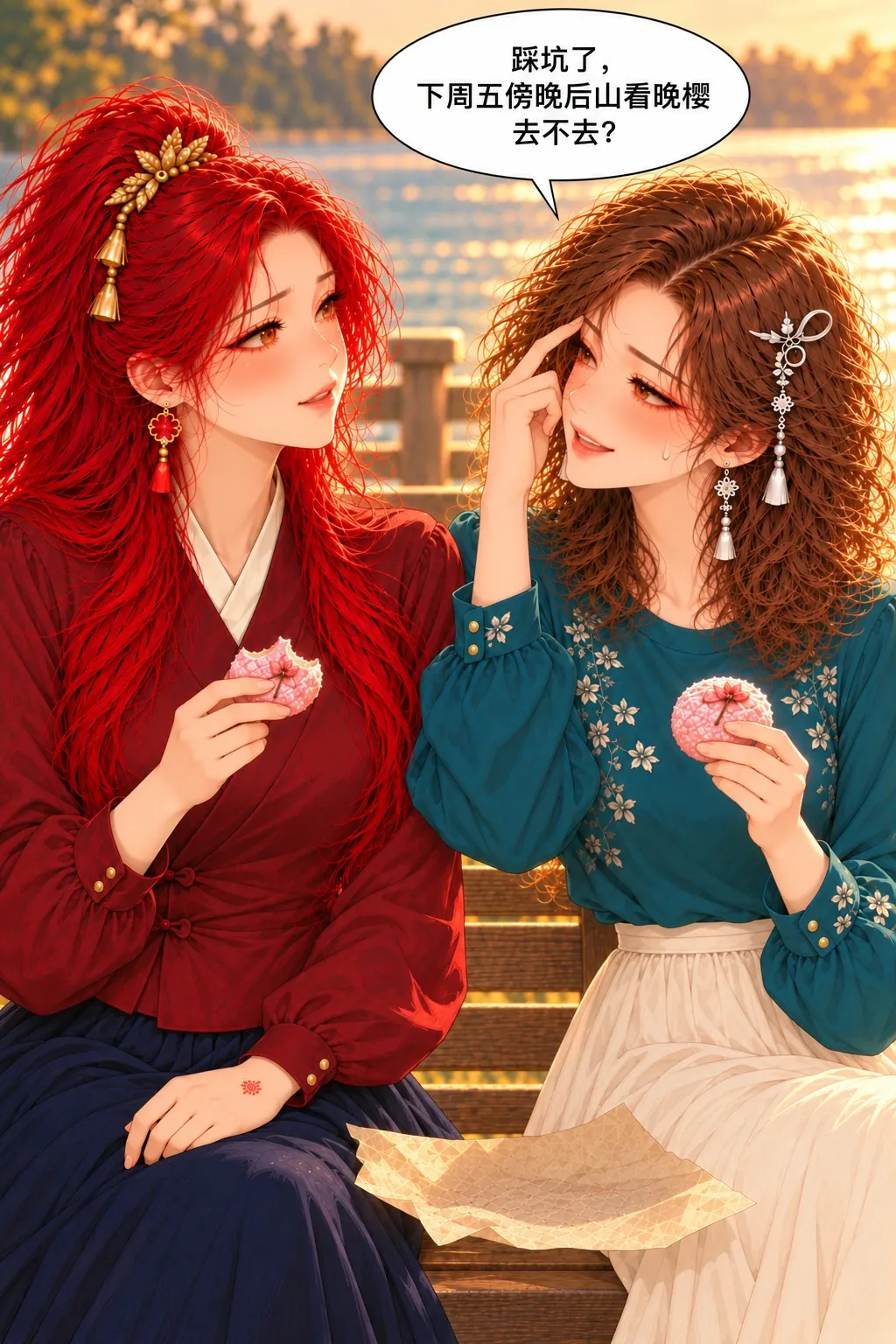 栈道边的樱饼赌约漫画画面：《栈道边的樱饼赌约》第9格：沈承担先开的面子，主动提出明确看晚樱邀请。