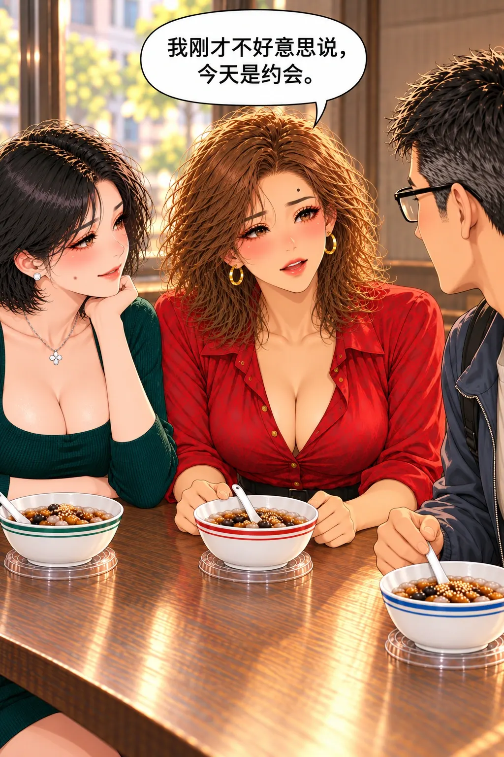 冰粉店的第三把椅子漫画画面：《冰粉店的第三把椅子》第11格：唐先承担对外说清的面子，主动称这是约会。