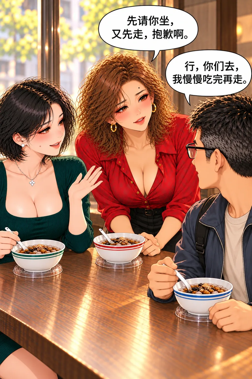 冰粉店的第三把椅子漫画画面：《冰粉店的第三把椅子》第13格：为先留客又改安排负责；赵只正常接受，不给爱情建议。