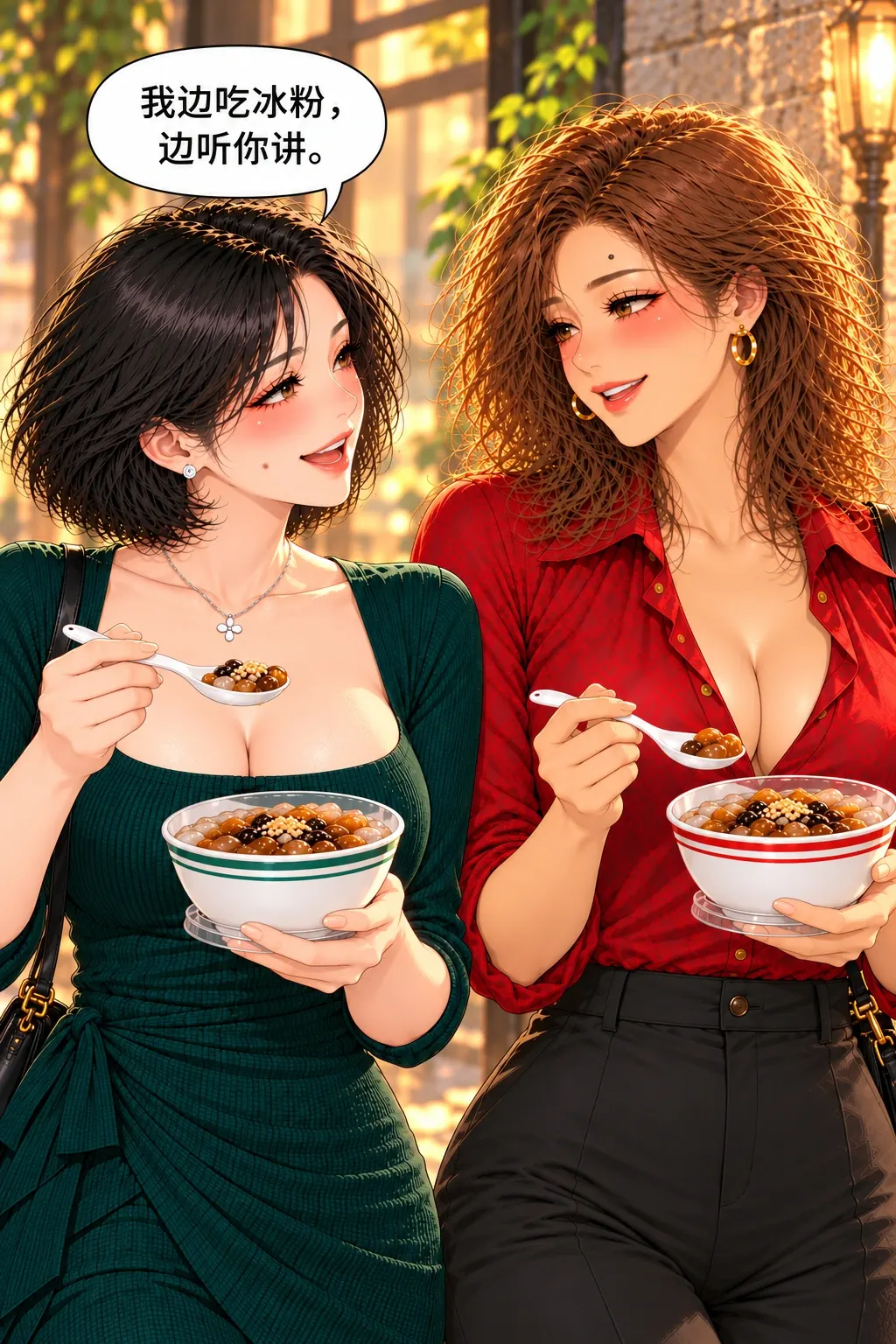 冰粉店的第三把椅子漫画画面：《冰粉店的第三把椅子》第17格：林边吃边听，给她真实日常留空间而非要加演。