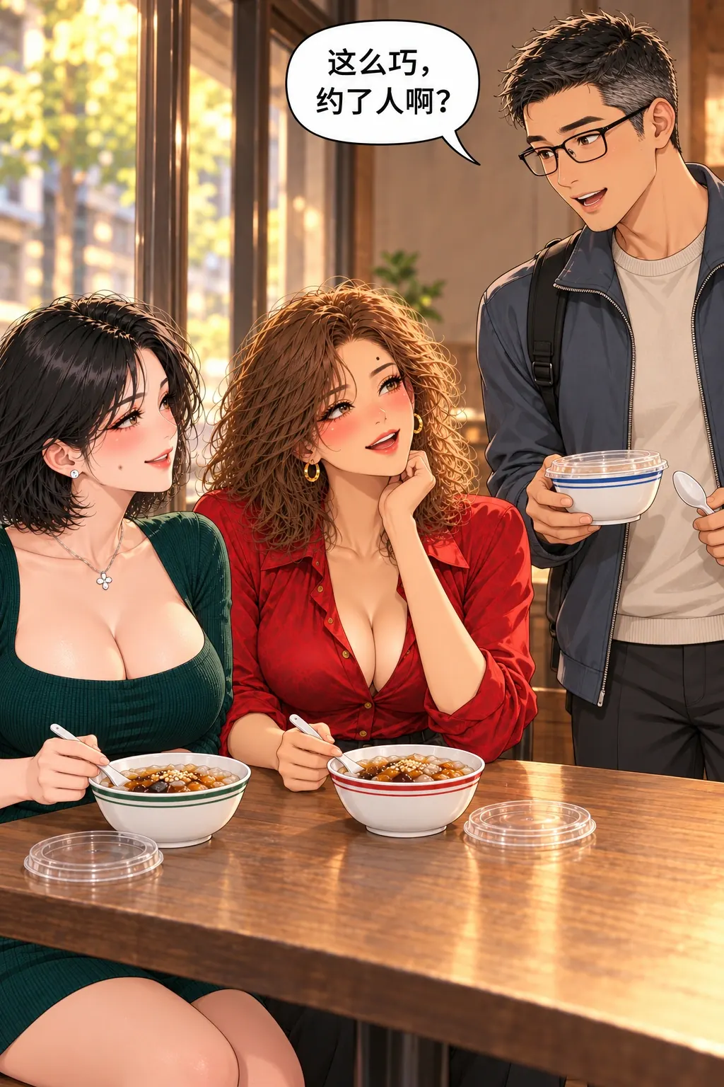 冰粉店的第三把椅子漫画画面：《冰粉店的第三把椅子》第3格：普通熟人认出唐，给她说明私约的机会。