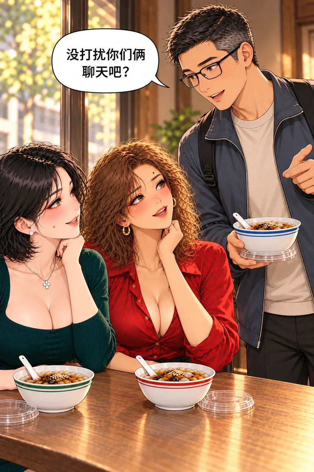 冰粉店的第三把椅子漫画画面：《冰粉店的第三把椅子》第5格：赵明确给她们拒绝留客的机会。