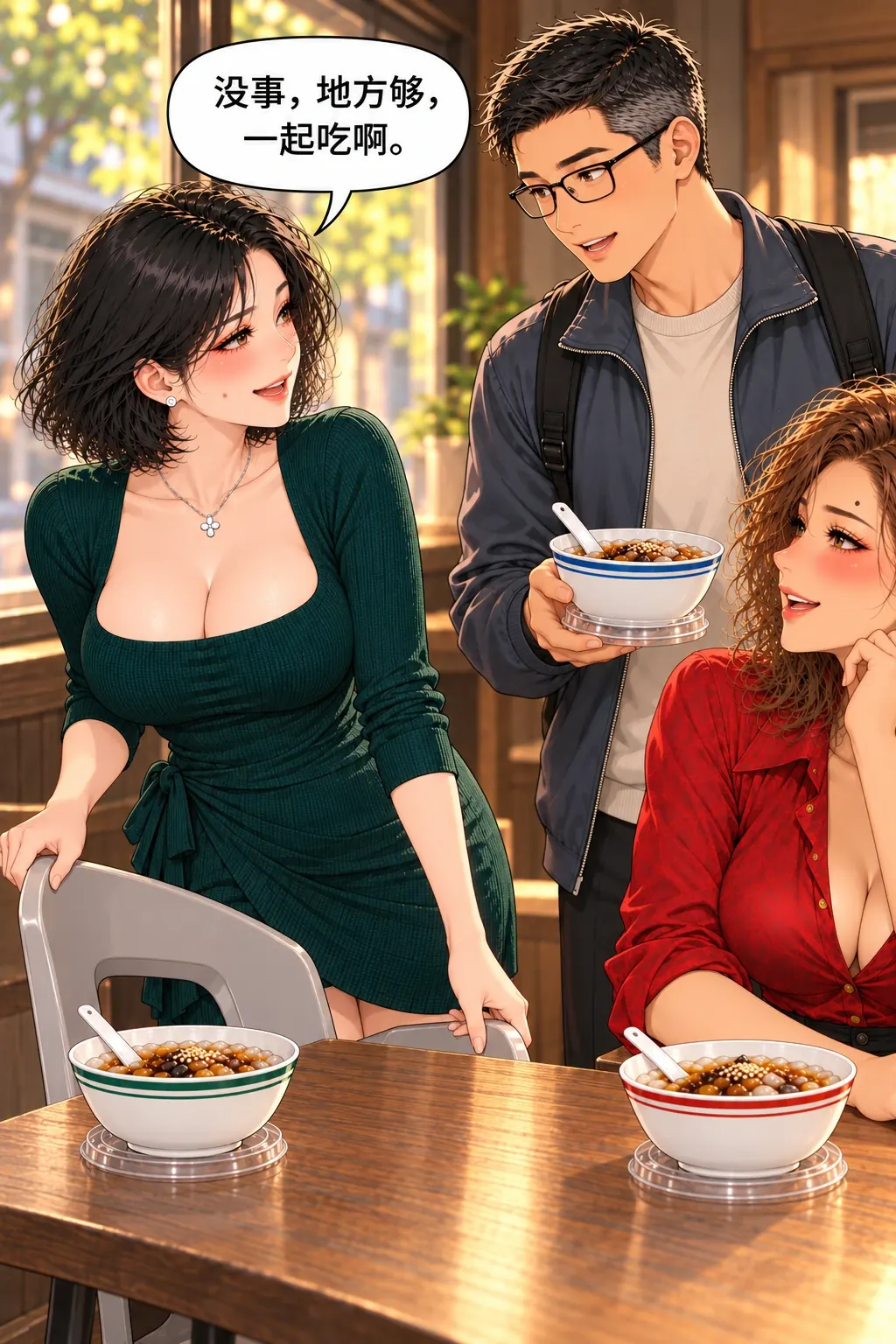 冰粉店的第三把椅子漫画画面：《冰粉店的第三把椅子》第6格：林也主动把第三座邀请落实，独处自己让掉。